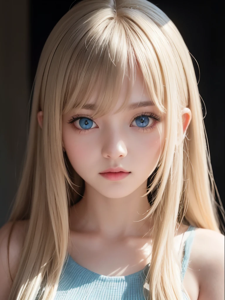 17 years old cute sexy little beautiful face、long silky bangs that cover the eyes、Face Hiding Hair Super Long Long Long Straight Hair Cute Young Woman Long Pale Blonde Shiny Hair、big light blue eyes、