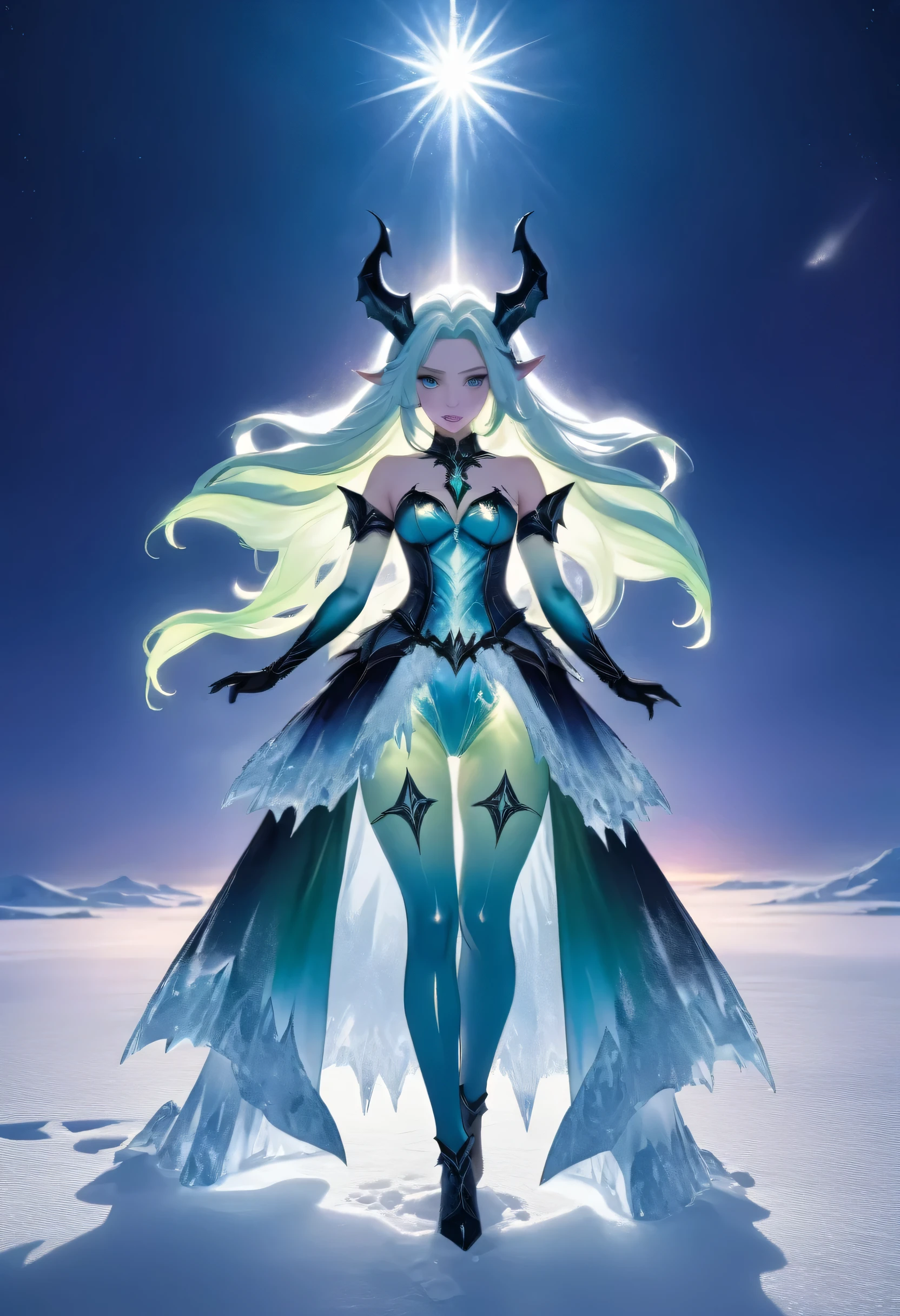 an ice female demon、Standing in the frozen snow field、Witch wearing pale armor, ((sexy costume:1)), SEXY female devil, ((aurora in the night sky)), 