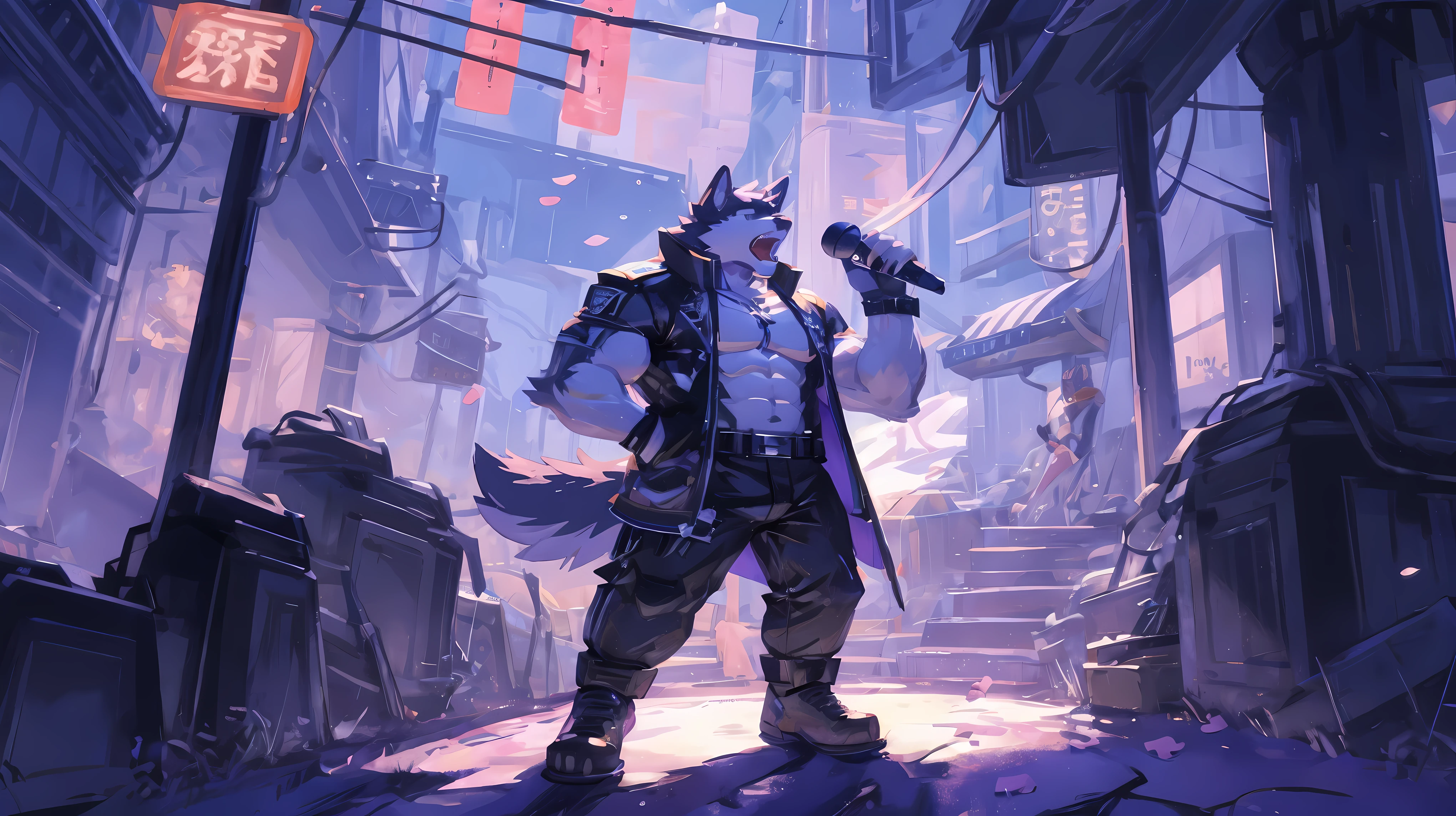 (masterpiece:1.2), best quality,pixiv,official art,perfect anatomy, (Ray tracing, light),solo, (1_male:1.3) , (muscle), (dark fur:1.4), (muscle husky), (gleaming green eyes), Thick white eyebrows,open black hoodie,naked inside, Green cargo Pants ,Brown boots, morning, flower petal ,outdoor , city , cyberpunk ,neon light ,angry , singing, holding microphone, on the stage