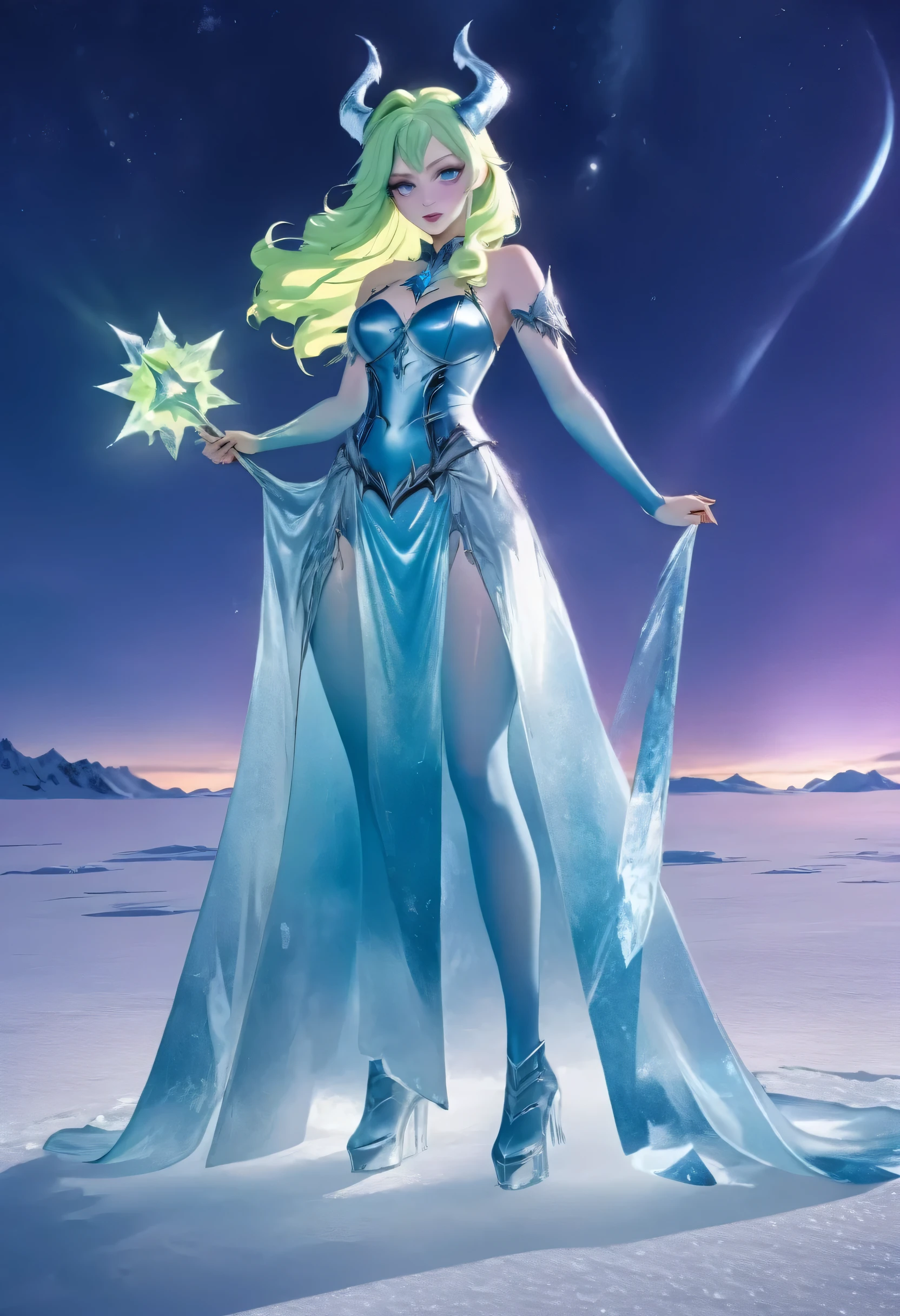 an ice female demon、Standing in the frozen snow field、Witch wearing pale armor, ((sexy costume:1)), SEXY female devil, ((aurora in the night sky)), 