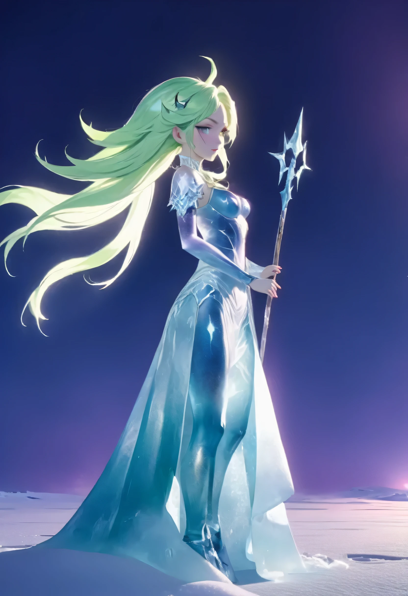 an ice female demon、Standing in the frozen snow field、Witch wearing pale armor, ((sexy costume:1)), SEXY female devil, ((aurora in the night sky)), 