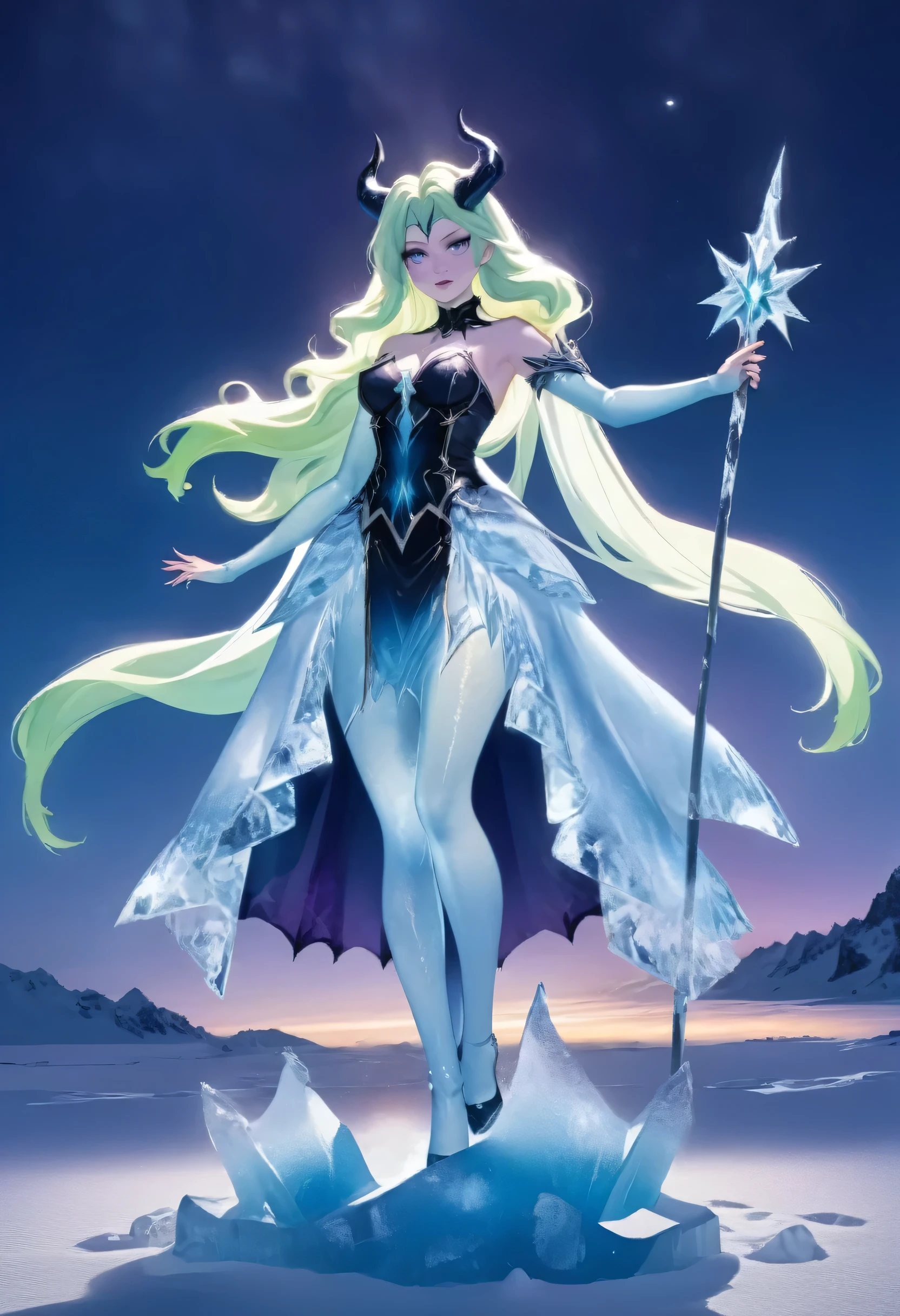 an ice female demon、Standing in the frozen snow field、Witch wearing pale armor, ((sexy costume:1)), SEXY female devil, ((aurora in the night sky)), 