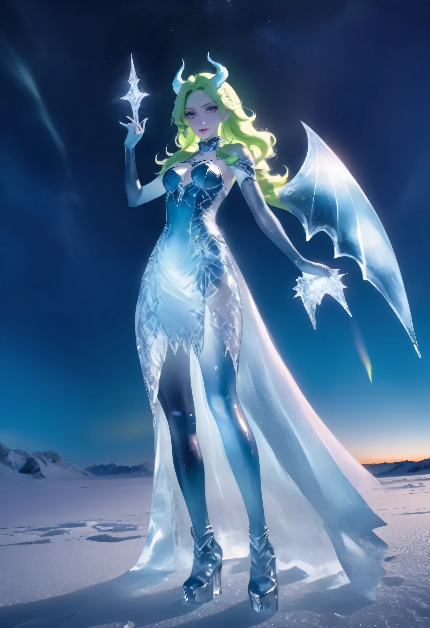 an ice female demon、Standing in the frozen snow field、Witch wearing pale armor, ((sexy costume:1)), SEXY female devil, ((aurora in the night sky)), 