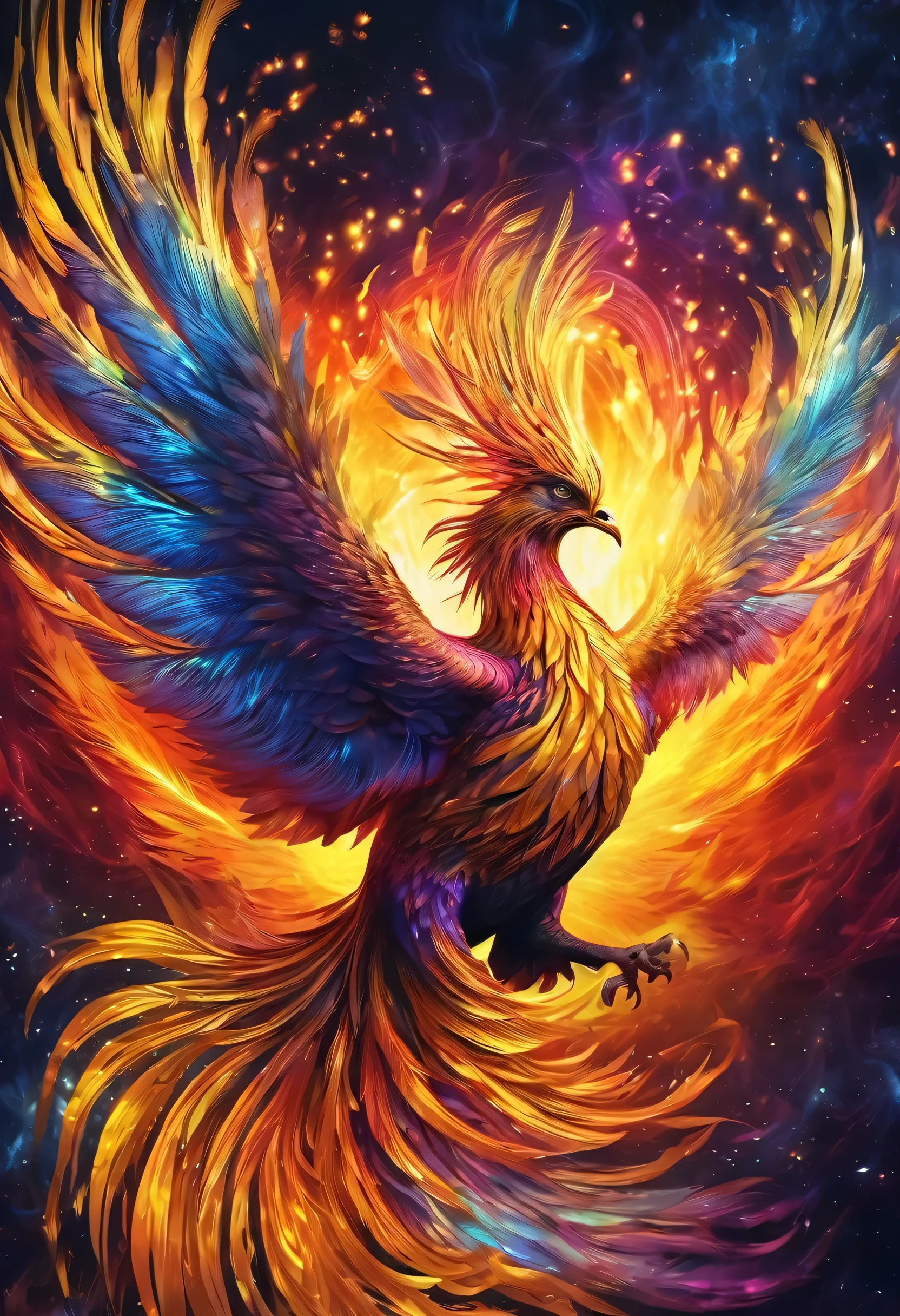 A beautiful realistic phoenix is reborn in a psychedelic firestorm , There are a lot of very visible and textured auras, ((Golden:1.4)), ((front view:1.4))