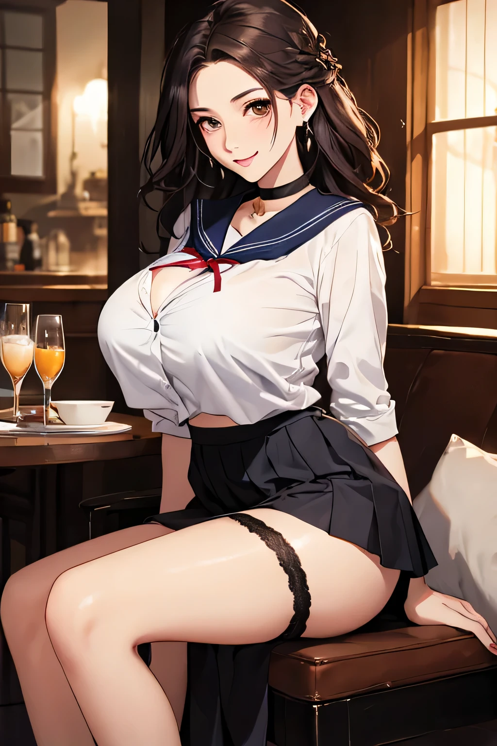 (highest quality、High resolution、detailed background、8K)、Beautiful and dense face、beautiful and smooth skin、skin texture、professional lighting、Beautiful girl in her 20s、two women、brown hair、braided hairstyles、(huge breasts:1.3)、realistic、perfect body line、
(Enjoy a romantic dinner by candlelight)、Calm atmosphere、
Confidence and Charm、Express yourself with confidence、Charm、
(Try wearing sailor uniform-style tops and for a sexy look.)、
Choose tops that fit well with your body line.、
Fits perfectly around the chest and waist, emphasizing feminine curves.、
Adding details such as lace or ribbons around the décolletage and shoulders can create a sexy look.、
Generally speaking, traditional sailor uniform style tops with a white or navy base with red or black details are popular, but you can also choose tops with other bright colors or patterns.、
Choose a miniskirt that fits well with your body line.、
A secure fit from the waist to the hips, making your legs look beautiful.、
The tight silhouette of the skirt emphasizes your sexiness.、
We recommend designs that highlight the hip line and thigh curves.、
Dark colors such as black and navy bring out your sexiness.、
Skirts made of leather or shiny fabric also give a sexy impression.、
By incorporating feminine accessories such as ribbons and chokers, you can create a cute and sexy look at the same time.、Pair it with high heels to make your legs look beautiful.、High-heeled boots emphasize sexiness、
(With a happy expression on her face, she lifts up her skirt and shows me her panties.:1.5)、blush、panty shot、smiling、sexual expression、cute、pink and black lace panties、pink and black lace bra、emphasize the chest、show me your bra、emphasize cleavage、cute