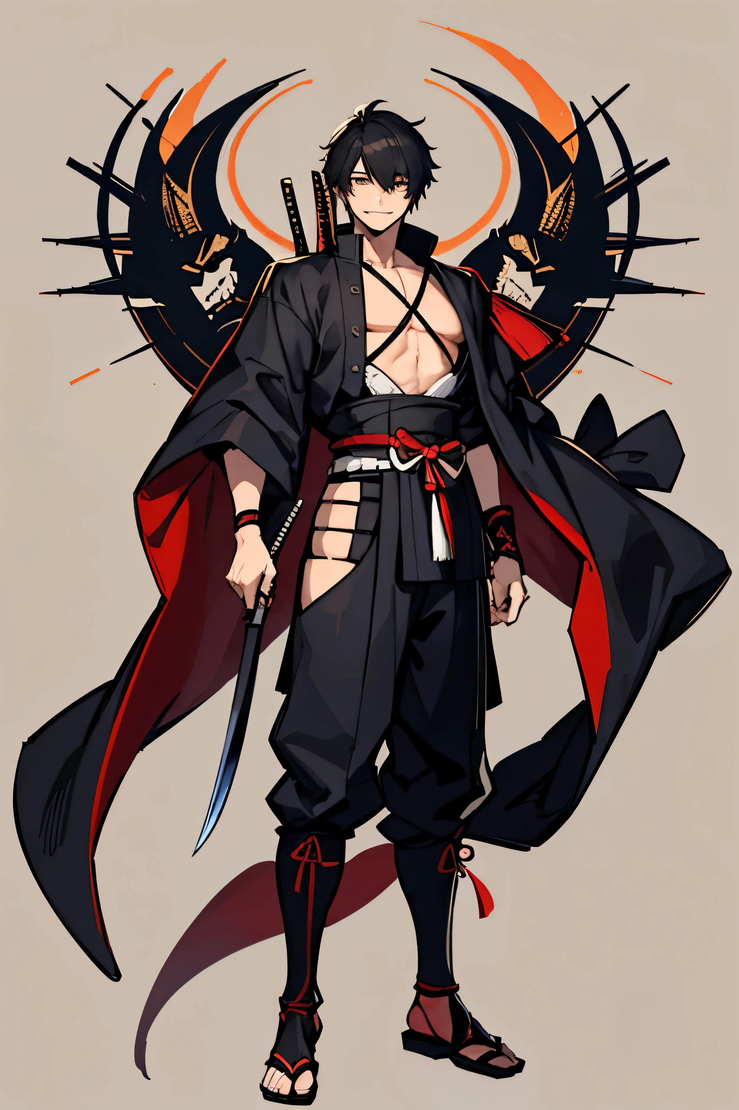 full body、male、samurai、simple background、looking at the viewer、facing forward、Handsome guy、knife、black hair、smile、mouth is open