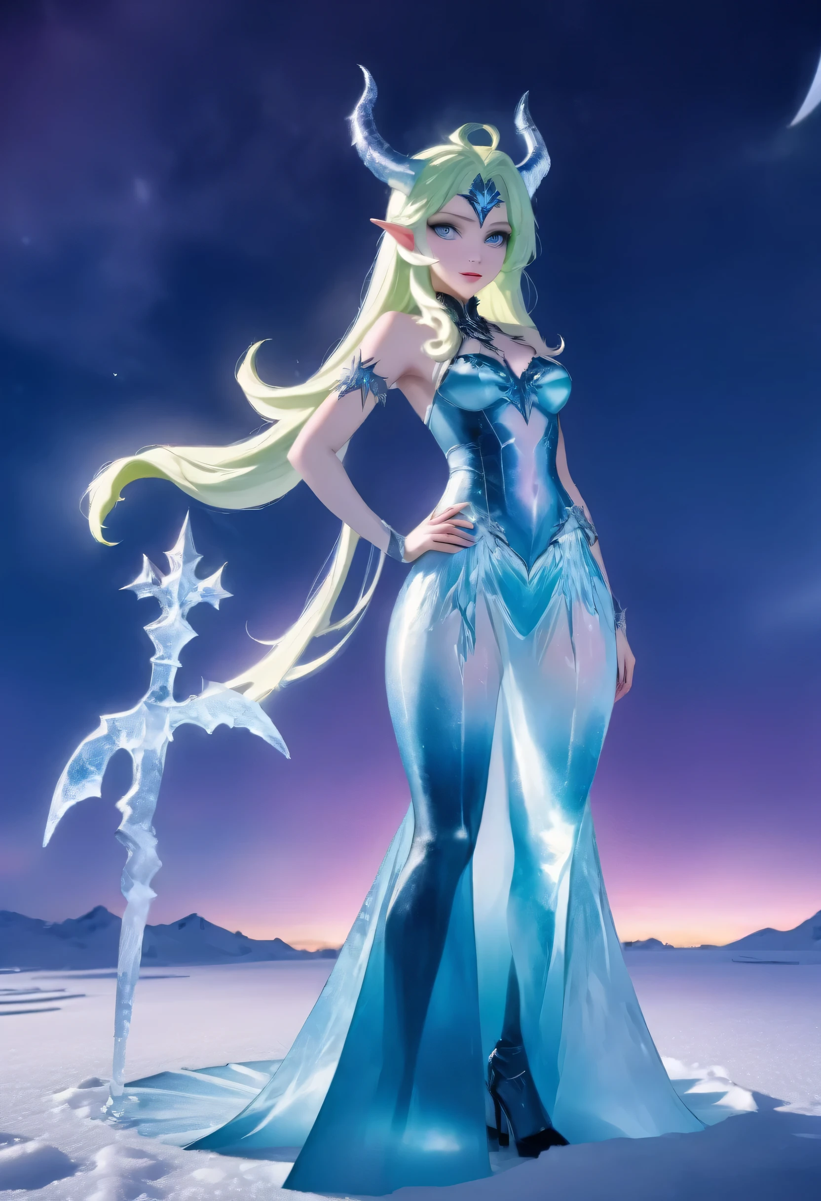 an ice female demon、Standing in the frozen snow field、Witch wearing pale armor, ((sexy costume:1)), SEXY female devil, ((aurora in the night sky)), 