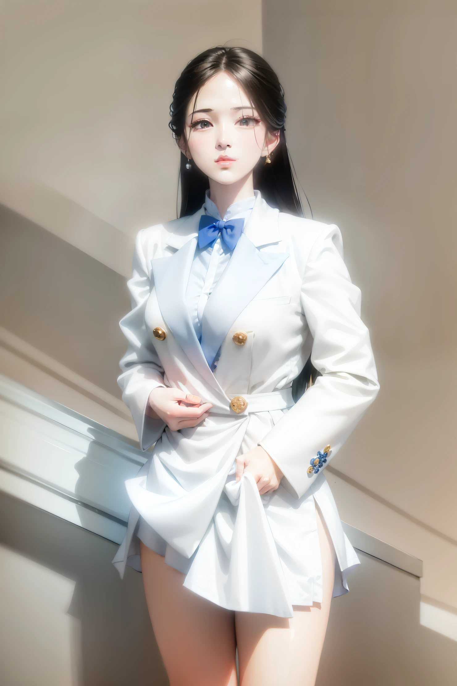 a close up of a woman in a white suit and a blue shirt, Li Zhien, Li Zhien, wearing white suit, Cui Xianhua, Tsai Chongxin style, Shin Min Jung, white suit, Chiho Ajima, louise zhang, full body xianxia, Sun Yunzhu, Minami Zaiwa, Parking distance-minutes A shallow smile is calm and gentle,Stretched eyebrows