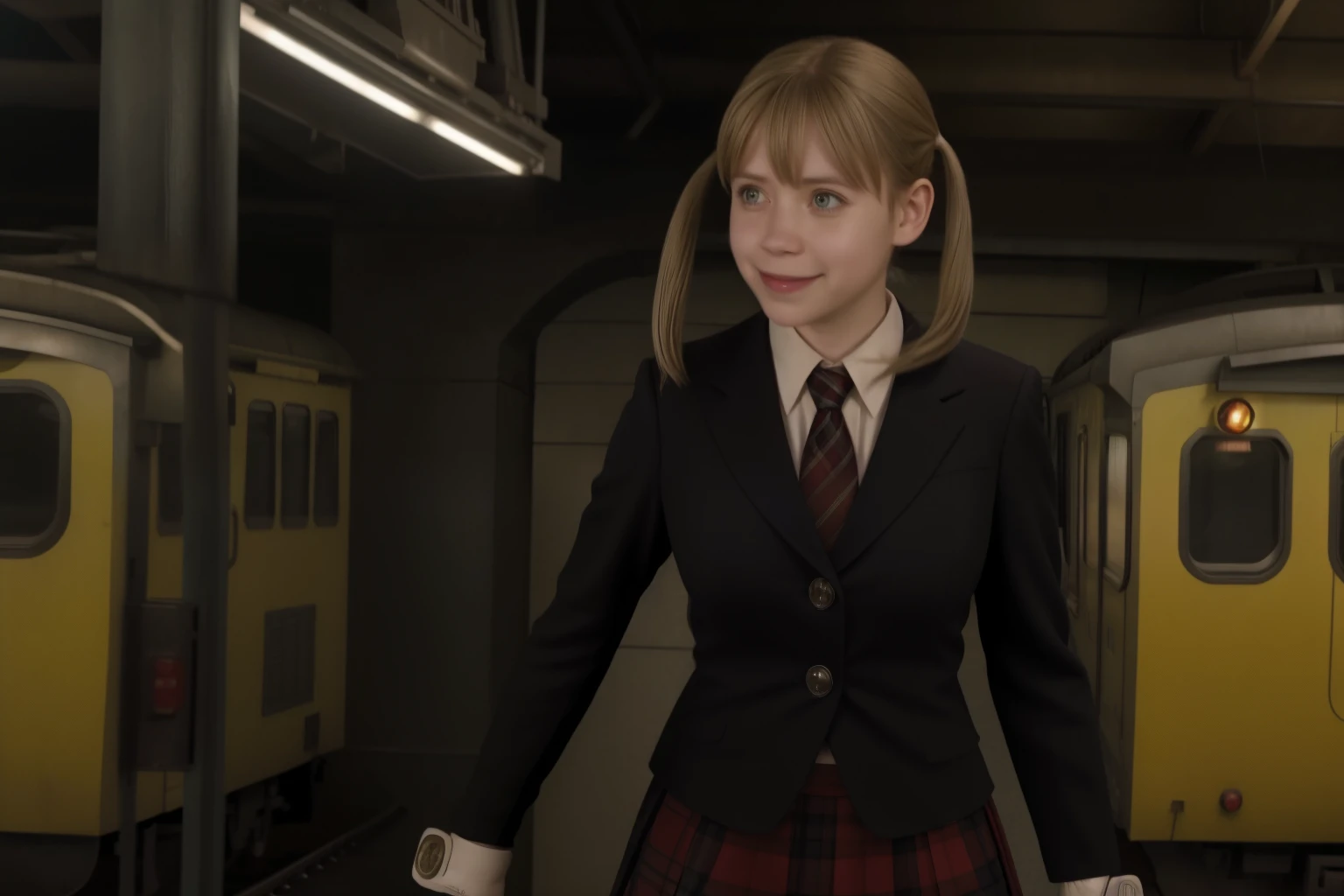 MakaAlbarn, 1girl, solo, twintails, skirt, plaid, plaid skirt, gloves, necktie, avengers movie, realistic, movie screenshot, upper body, train station, smile
