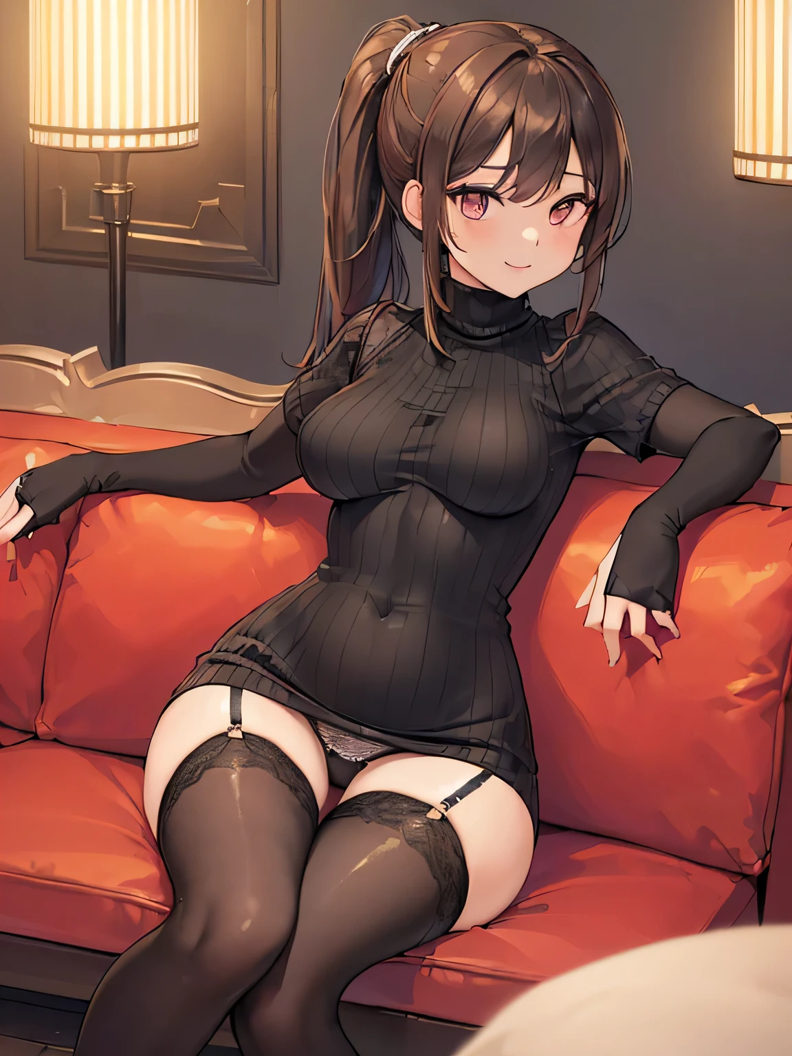 (Masterpiece, top quality, high resolution, realistic photo, realistic looking skin:1.1),
(The woman is sitting on a sofa in a city hotel lounge:1.8),
(She is sitting with her legs closed: 2,0),
(Please give me a panty shot of the woman looking straight ahead:1.8),
(smiling face:1.5),
(She is wearing a black short-sleeved turtleneck knit mini dress:1.8),
(The dress is quite tight and shows her curves:1.8),
(The dress has a pattern on the breast: 1.2),
(She is wearing black middle boots: 1.8),
(She is wearing a pair of inseam stockings with a flashy pattern, matching the length of both legs: 1.8)
(Panties are a loud color pattern: 1.2),
(She wears panties tightly: 1.8),
(Legs are small in volume: 1.8),
(Brown hair in a middle ponytail:1.5),
(Small face:1.5),
(D-cup breasts:1.5),
(Location: a bench on a sofa in a lounge of a city hotel:1.5),
1 Japanese girl, solo, full bodied esbian, beautiful eyes, glowing eyes, glowing thighs, NSFW