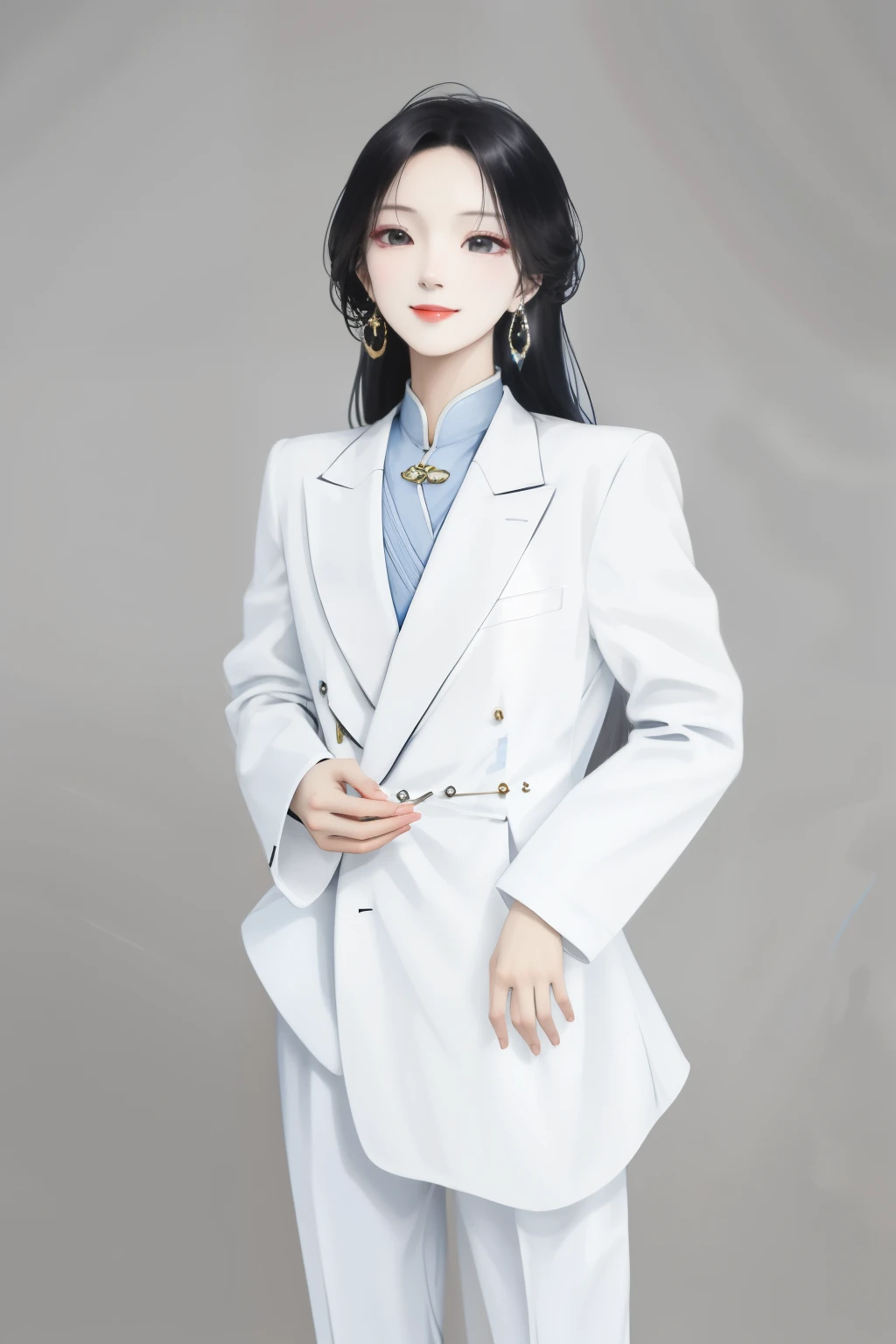 a close up of a woman in a white suit and a blue shirt, Li Zhien, Li Zhien, wearing white suit, Cui Xianhua, Tsai Chongxin style, Shin Min Jung, white suit, Chiho Ajima, louise zhang, full body xianxia, Sun Yunzhu, Minami Zaiwa, Parking Distance-Minute Smile,straight hair,