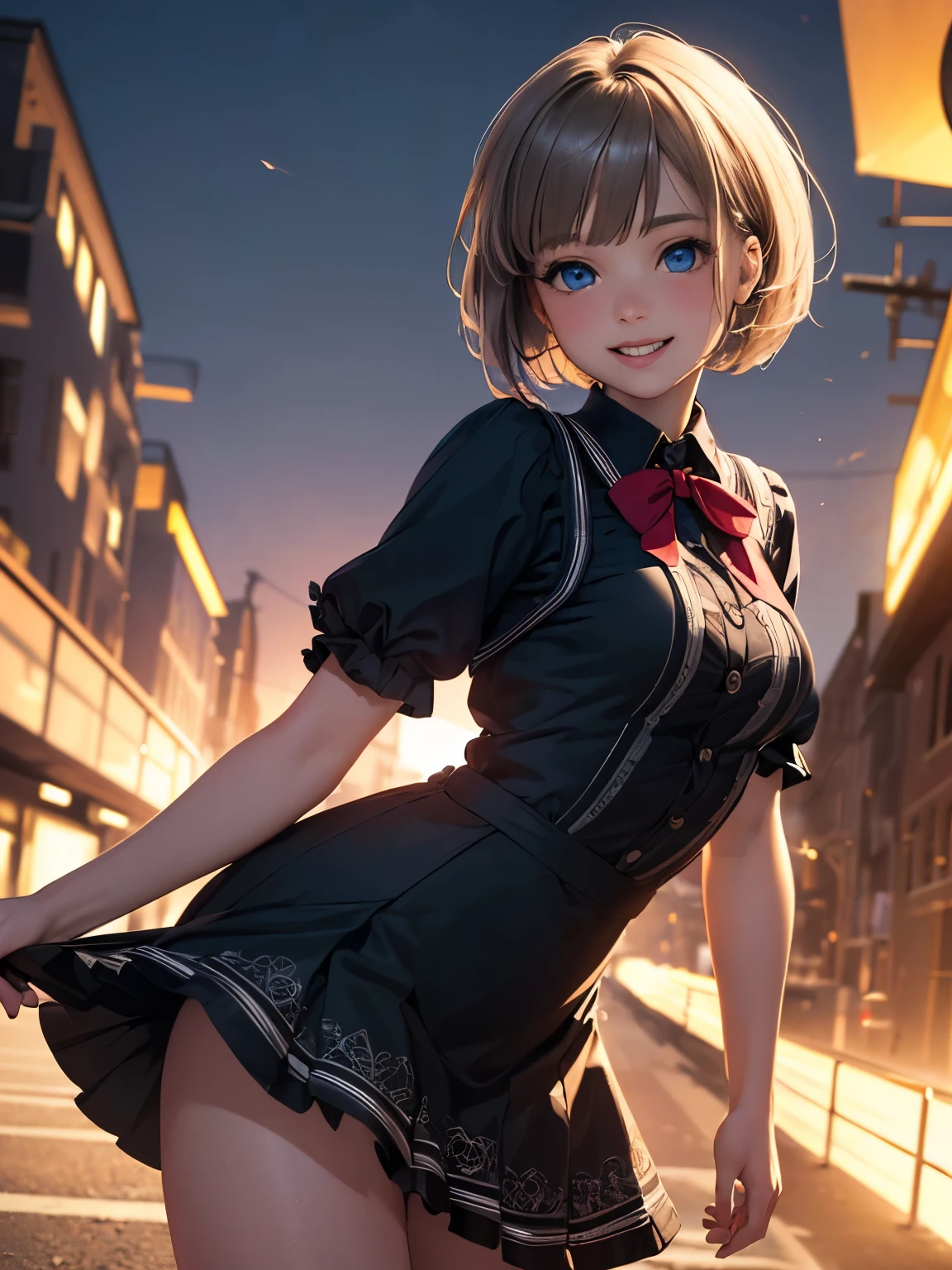 (best quality, masterpiece:1.2, ultra-detailed, realistic:1.37), vibrant colors, vivid lighting, 4k resolution, UHD, high-res, correct anatomy, highly detailed, premium quality, cute girl, blue eyes, odd-eye, rosy cheeks, toothy smile, black short bob, forward-facing, cute lolita miniskirt dress, natural lighting