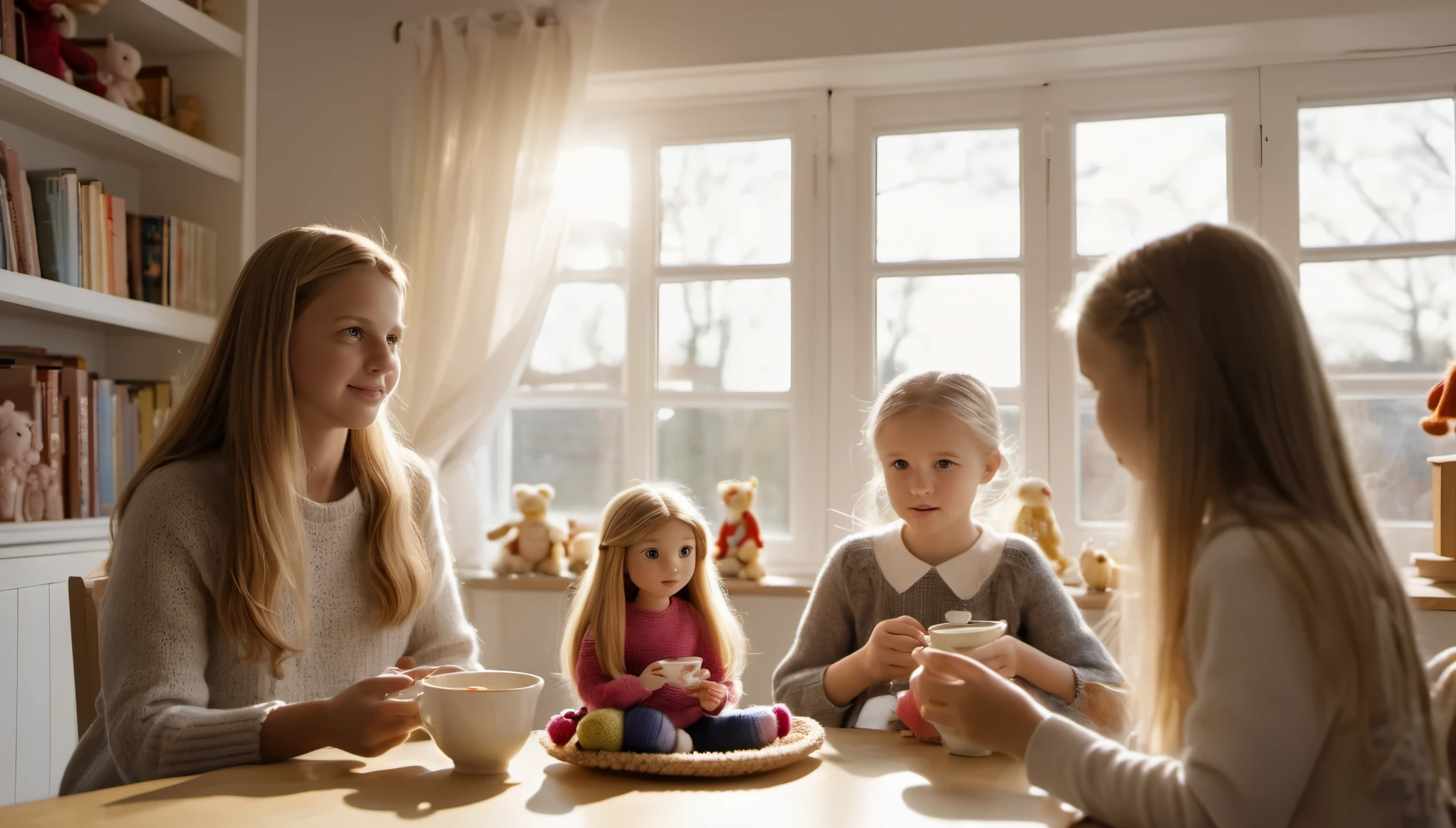 cinematic photo style by Simon Norfolk,  1 girl  with long hair along with a woman 50 years old with short blond hair, girl crocheting knitted toys while sitting in a deep chair, Group portrait, against the background of a white wall of children&#39;s drawings and a window with curtains, on a wooden table there is one white mug full of tea, books, the sun falls through the window, evening, film, bokeh, professional, 4k, highly detailed,