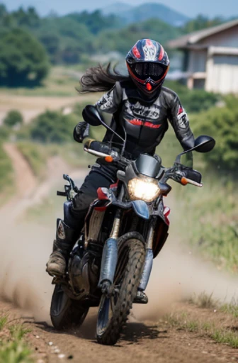 best quality, detailed, beautiful, insanely detailed, absurdres,perfect anatomy,
Japanese woman,black hair,27 years old,
(slender),
(small breasts),
Dust smoke running on an off-road motorcycle, (long shot:1.3)