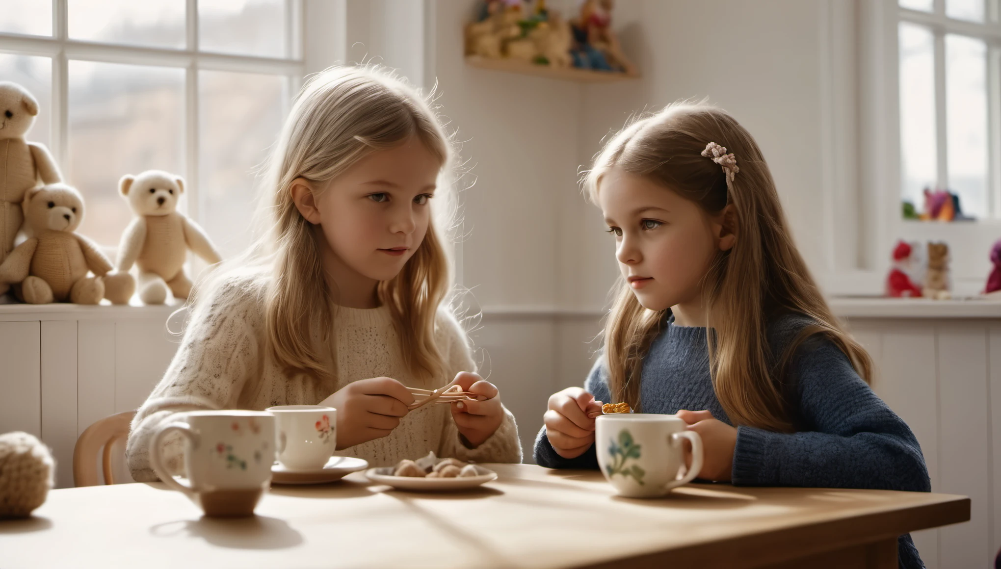 cinematic photo style by Simon Norfolk, 1 girl with long hair along with a woman 50 years old with short blond hair, girl crocheting knitted toys while sitting in a deep chair, Group portrait, against the background of a white wall of children's drawings and a window with curtains, on a wooden table there is one white mug full of tea, books, the sun falls through the window, evening, film, bokeh, professional, 4k, highly detailed,