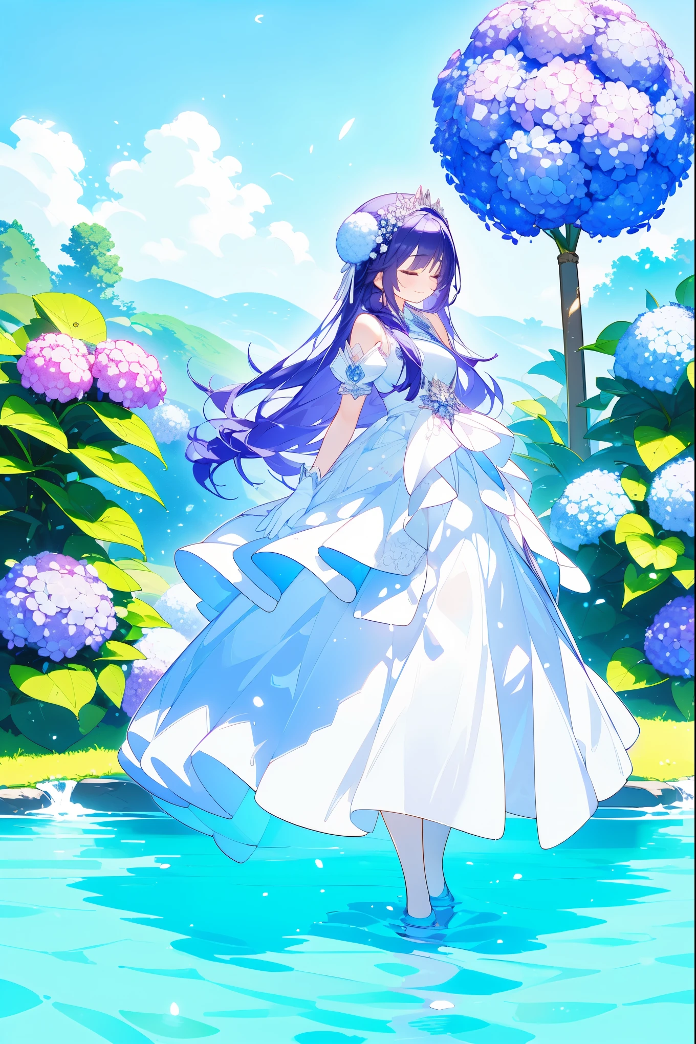 1Girl, full body, a woman is standing in front of water with a white dress and purple hair, 1girl, solo, flower, dress, hydrangea, gloves, closed eyes, long hair, white gloves