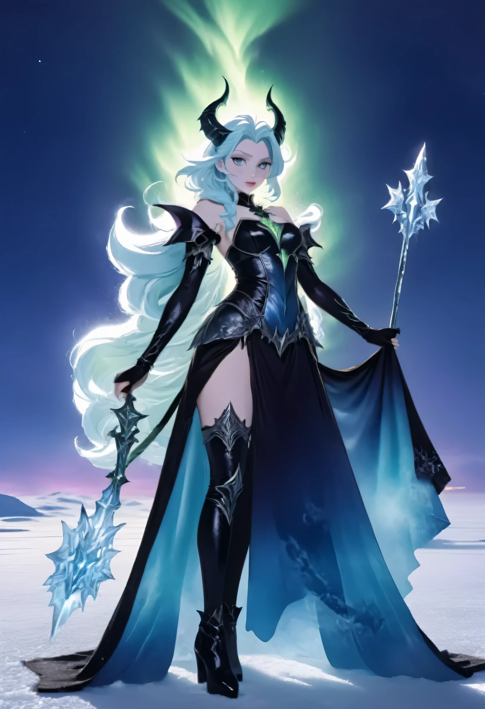 an ice female demon、Standing in the frozen snow field、Witch wearing pale armor, ((sexy costume:1)), SEXY female devil, ((aurora in the night sky)), 