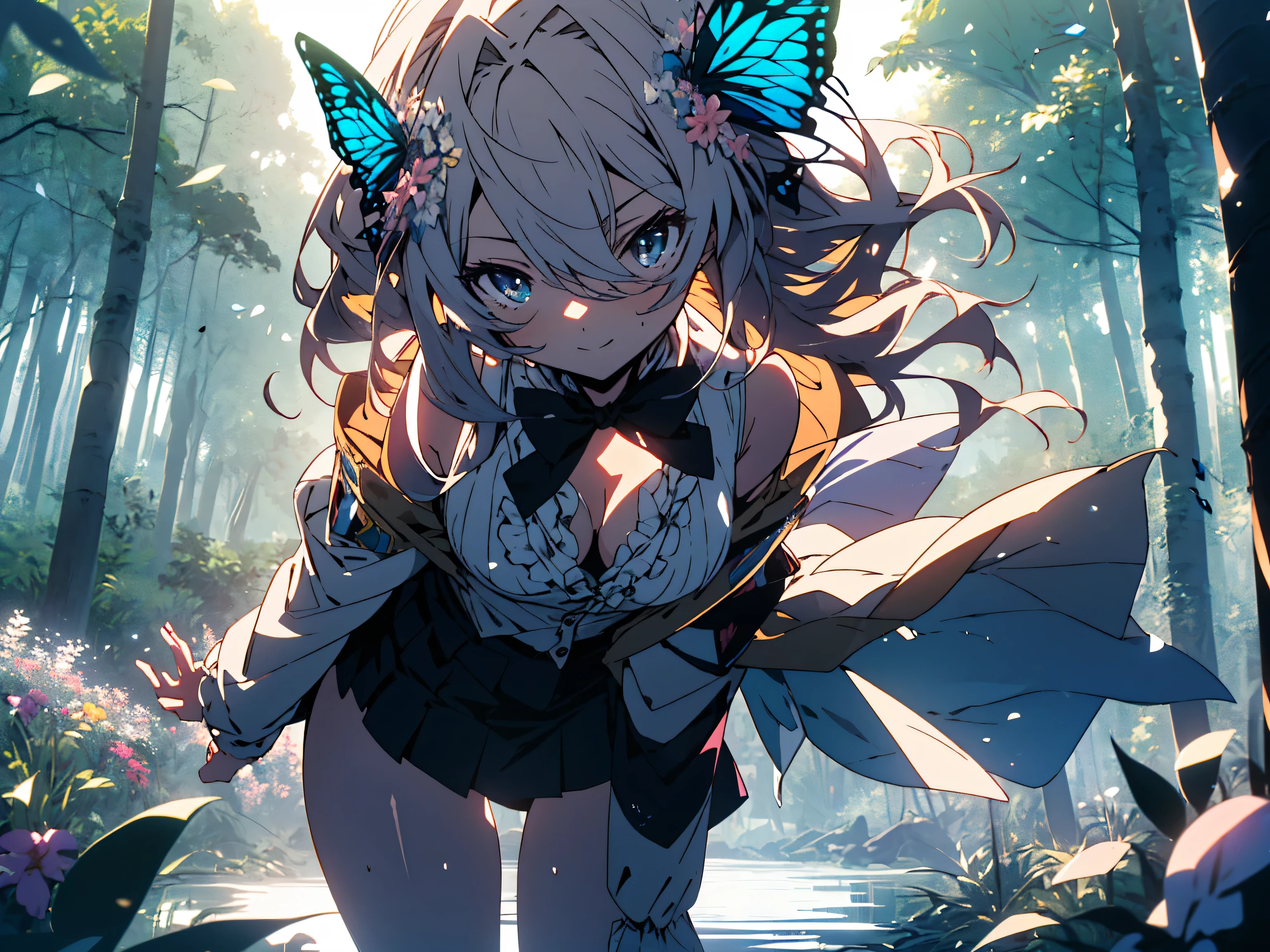 NSFW,((masterpiece)),(((highest quality))),((Super detailed)),((((Anime-like)))),((messy hair)),((frills)),(1 girl),(alone)、smile、((thigh focus))、sex from behind, (((butt focus))),((Cleavage Focus)),lipstick,dynamic angle,big sleeves,floating,beautiful detailed sky,detailed and beautiful eyes,exposed,(in the forest),(Beautiful large butterfly wings grow on its back)、(Flying gracefully in the sky)、blunt side bangs,hair between eyes,ribbon,A bow tie,button,bare shoulders,(((small breasts))),fine wet clothes,gaping face,pleated skirt,flowers 、beautiful anime