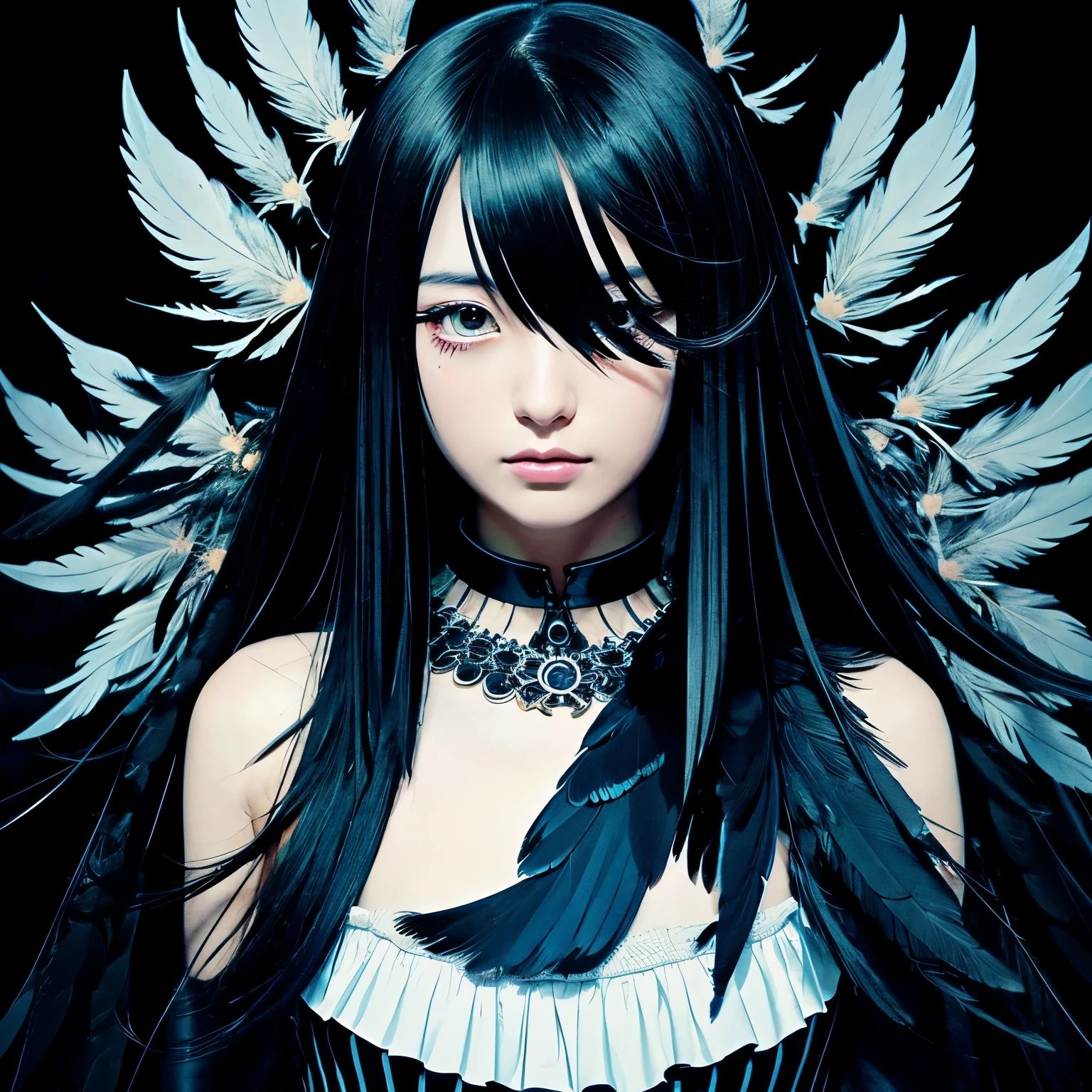 black hair girl, Realistic girl face,long hair，black dress， surrounded by many black crows, black feather,flapping feathers, baroque, anime aesthetics,Giant crow. Crows fill the picture, black background, fisheye shot,artistic concept scene,yuko shimizu style, Emily Kame Kungwarae, mark catesby, no spaces