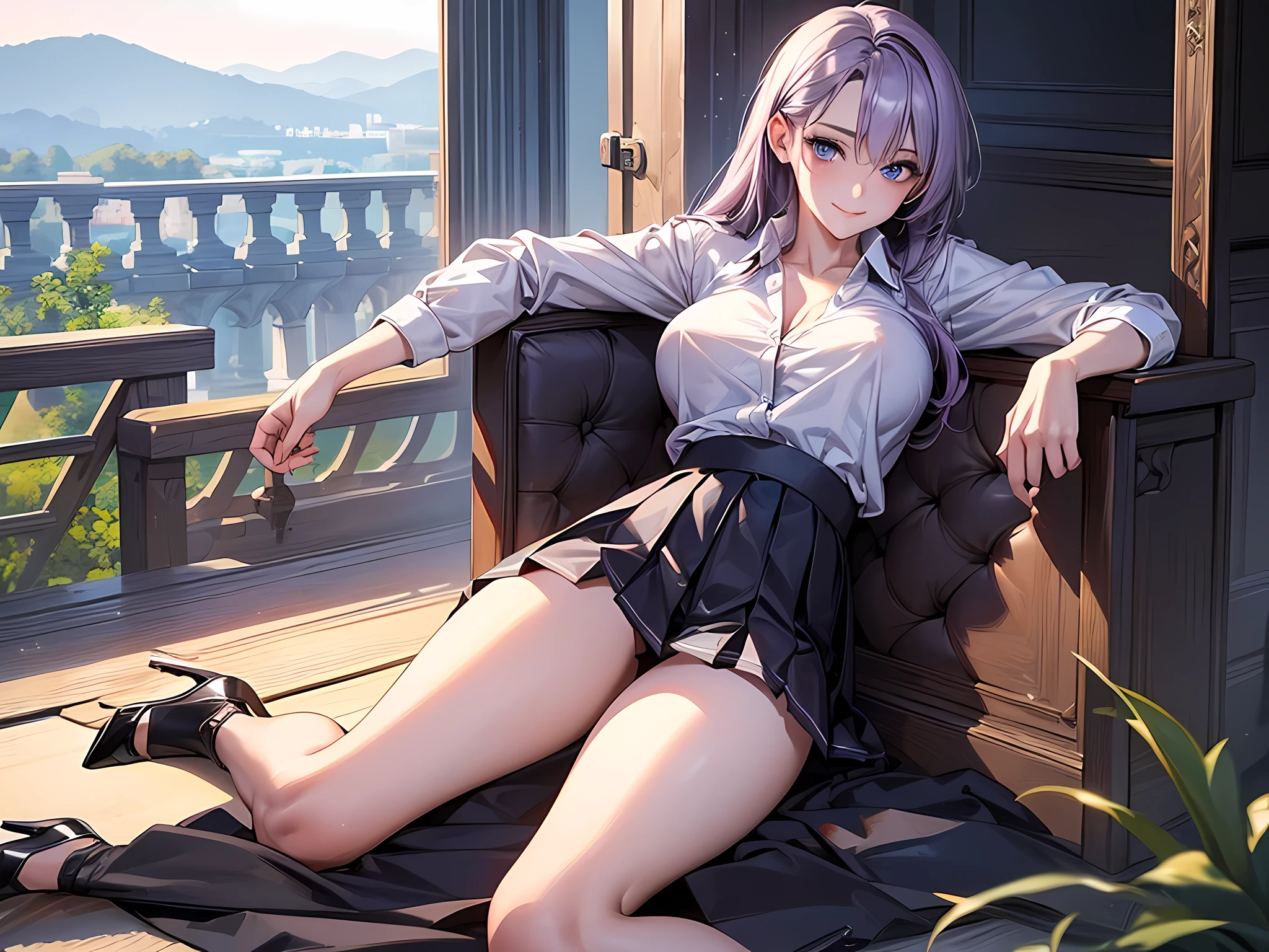 (masterpiece:1.2, highest quality), (realistic, photorealistic:1.4), beautiful illustrations, (natural side lighting, movie lighting), NSFW, looking at the viewer, 1 girl, Japanese, perfect face, Cute symmetrical face, shiny skin, gray purple hair, blue eyes, Long Eye Lasher, (big breasts), thin, narrow butt,beautiful hair, beautiful face, beautiful and fine eyes, beautiful clavicle, beautiful body, beautiful breasts, beautiful thighs, beautiful feet, beautiful fingers, ((white collared shirts, box pleated mini skirt), (beautiful scenery), evening, half-body illustration, (cute smile, open the mouse a little), All limbs,black stiletto heels,ankle,Low - Angle,Accentuated legs,front photo,tip of toe,Slender body shape, half-body illustration