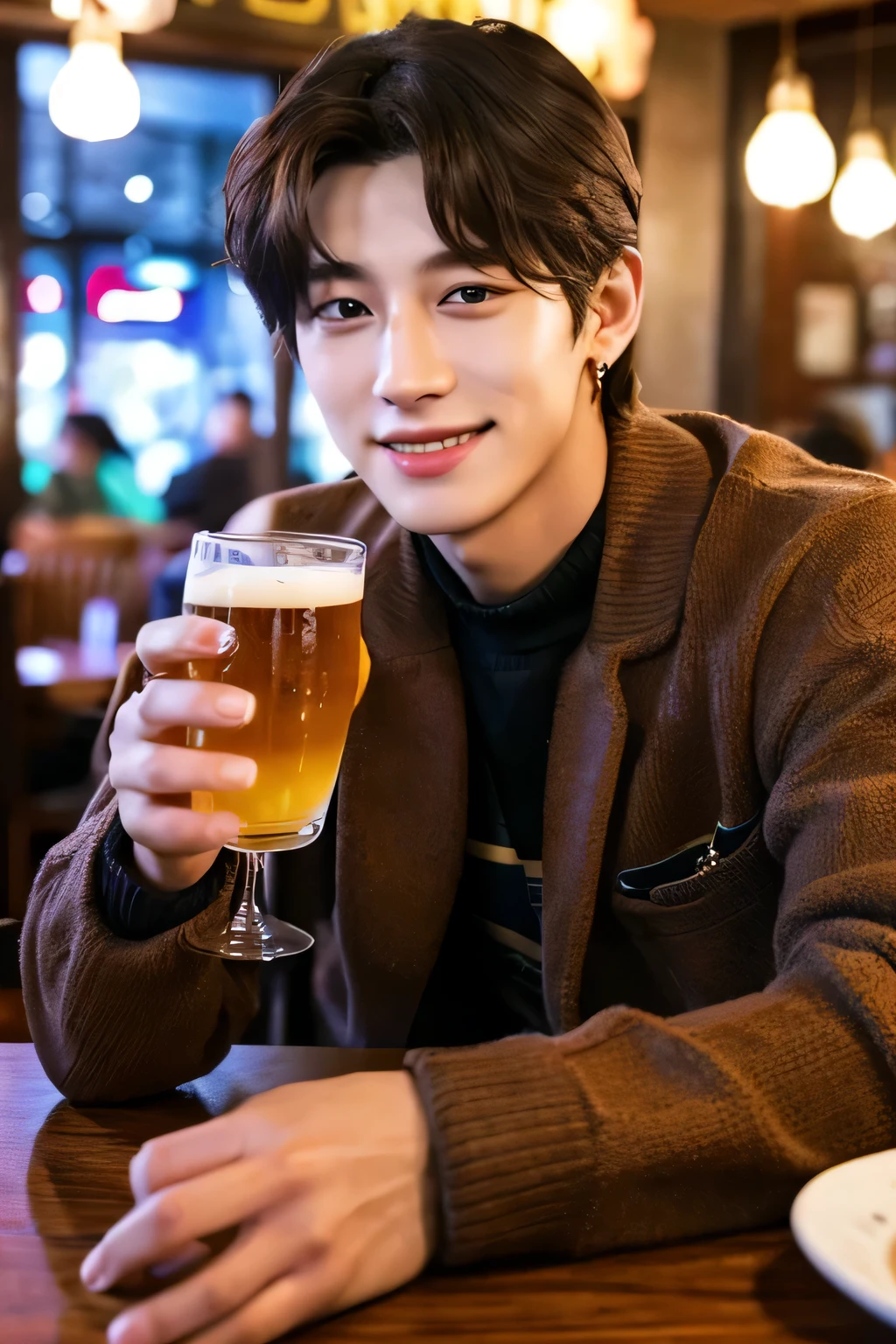 Photorealsitic, 8K full body portrait, a handsome, a 20-year-old man, detailed face、Super handsome、ideal junior、korean boy、Jungkook、medium hair、holding a beer mug in one hand、The background is a restaurant、Date Day、Elbows on the table、meal、Look at me and smile、Street fashion、GUCCI、sexy look
