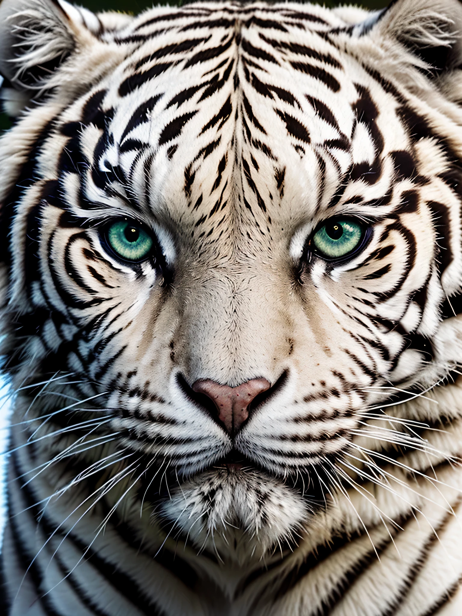 1 white tiger，facial close-up，Super detailed face，super detailed eyes，White complexion，Ultra-detailed，Surreal，Nikon 8k photography