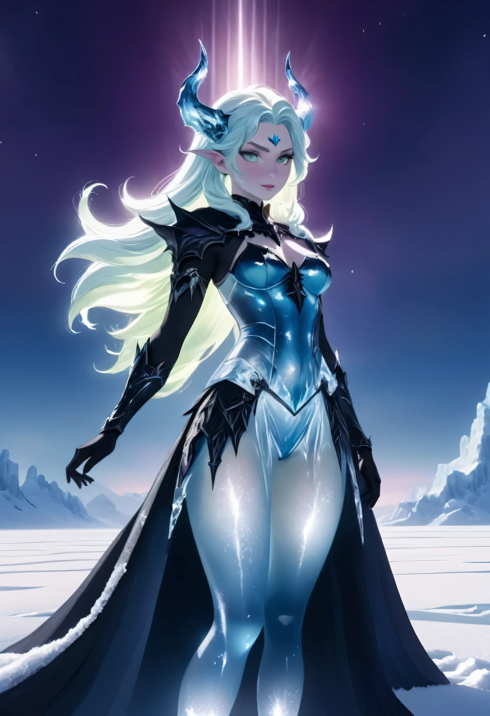 (8k, highest quality, masterpiece: 1.2), (realistic, realistic: 1.37), Super detailed, an ice female demon、Standing in the frozen snow field、Witch wearing pale armor, ((sexy costume:1)), SEXY female devil, ((aurora in the night sky)), 