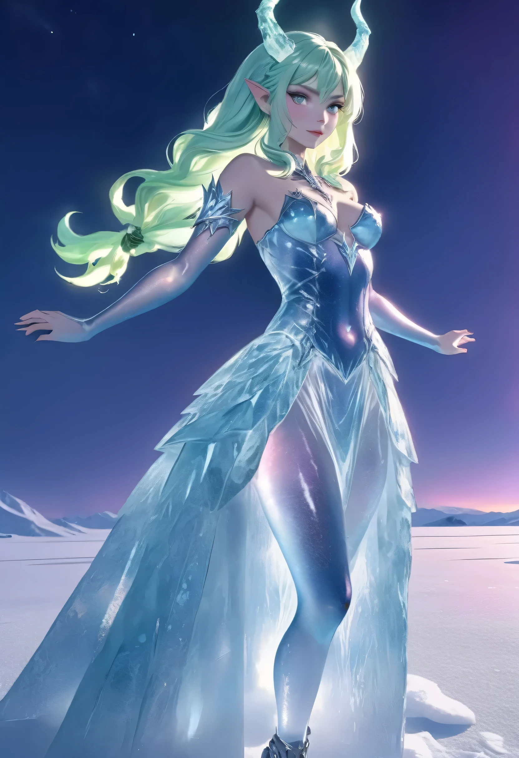 (8k, highest quality, masterpiece: 1.2), (realistic, realistic: 1.37), Super detailed, an ice female demon、Standing in the frozen snow field、Witch wearing pale armor, ((sexy costume:1)), SEXY female devil, ((aurora in the night sky)), 