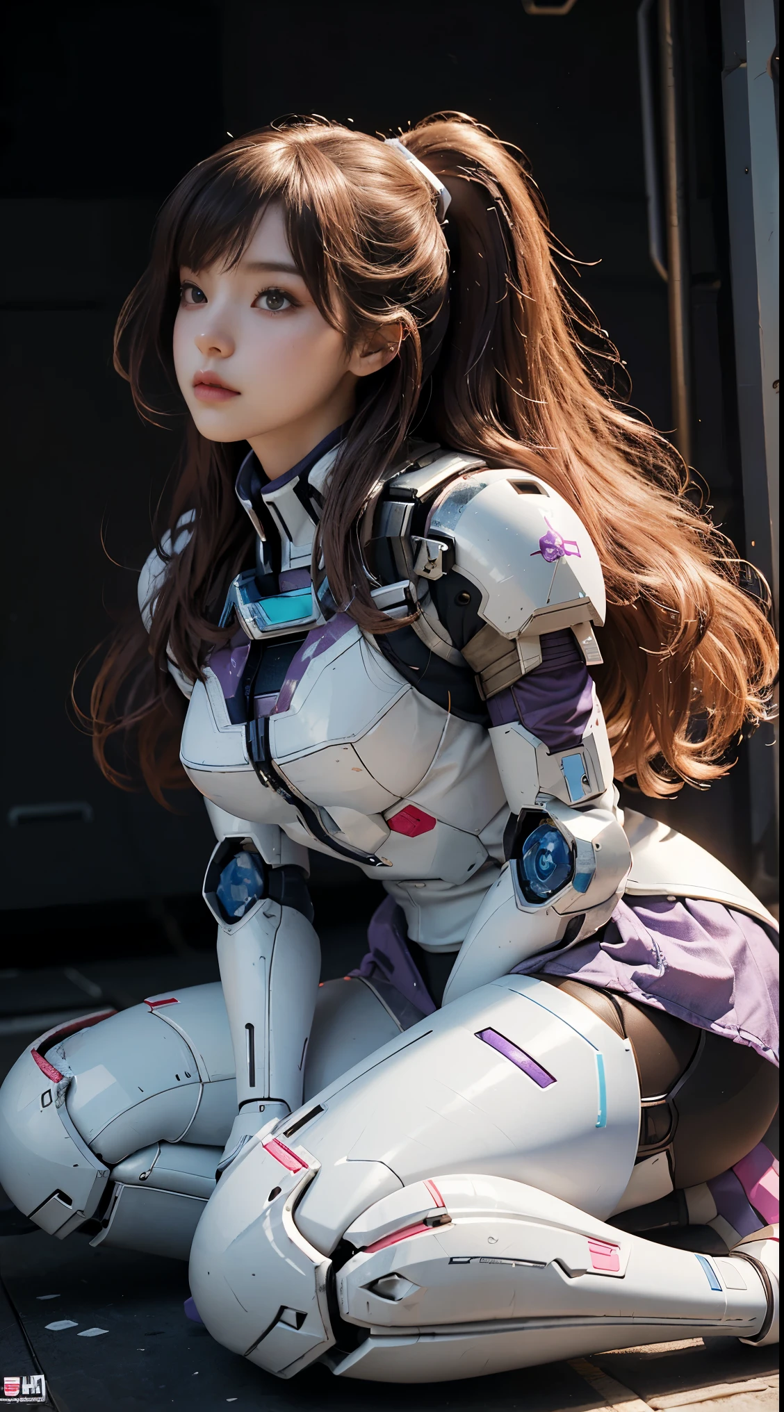 RAW, Masterpiece, Ultra Fine Photo,, Best Quality, Ultra High Resolution, Photorealistic, Sunlight, Full Body Portrait, Stunningly Beautiful,, Dynamic Poses, Delicate Face, Vibrant Eyes, (Side View) a close up of a woman in a pink and white gundam custume, dybamic pose, long brown very very long hair rapunzel, girl in mecha cyber armor, portrait armored astronaut girl, d. va from overwatch, female mecha, on a gundam, gundam head, chiho aoshima color scheme, mobile suit, streamlined purple armor, fully robotic!! girl, realistic cosplay, gundam armor (dynamic pose) (best cameraview), full body