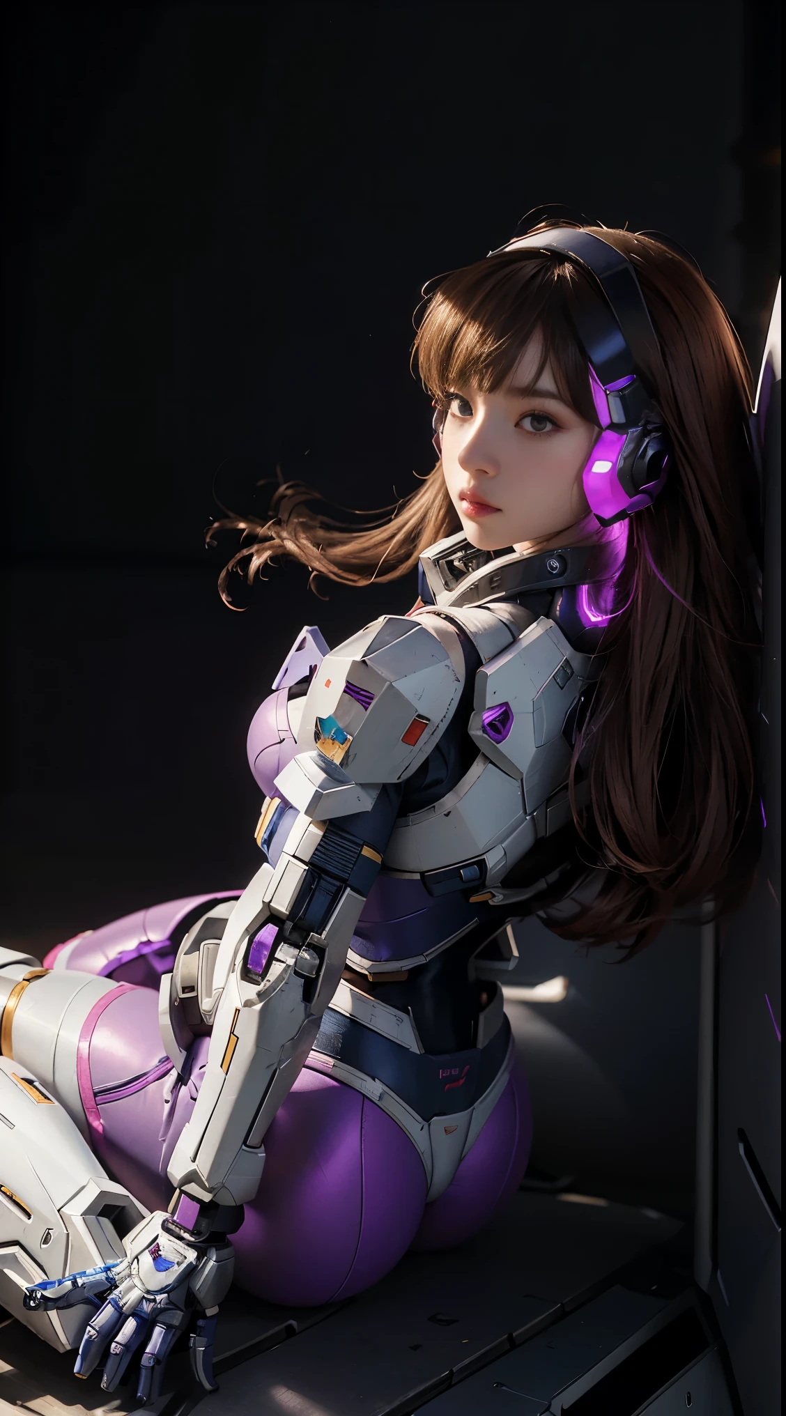Raw, masterpiece, Ultra-fine photos,, best quality, Ultra-high resolution, Reality, Sunlight, Complete Body Portrait, Stunning beauty,, Dynamic poses, Delicate face, Vibrant eyes, (side view) Close-up of woman wearing pink and white Gundam costume, Dynamic poses, Long brown very very long hair Rapunzel, girl in mecha cyber armor, portrait armored astronaut girl, d. va from Overwatch, Female Mecha, on a gundam, Gundam Head, Qingdao Chiho Color Scheme, Gundam, Streamlined purple armor, Complete!! girl, realistic cosplay, gundam armor (Dynamic poses) (Best camera viewing angle), Complete Body