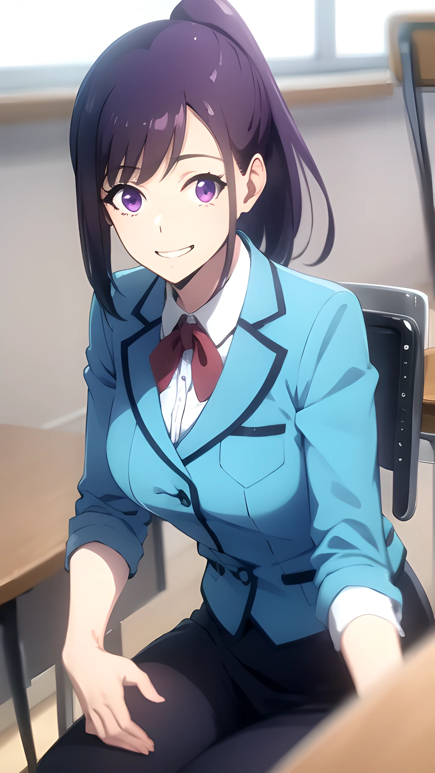 photorealistic, (4k), depth of field, (Masterpiece), (realistic skin texture), extremely detailed, intricate, hyper detailed, professional photography, bokeh, high resolution, sharp detail, best quality, girl, purple hair, ponytail, purple eyes, blue , skirt, nice hands, perfect hands, crossing ankles, dynamic pose, classroom, school, happy, smile, sitting behind a school table,