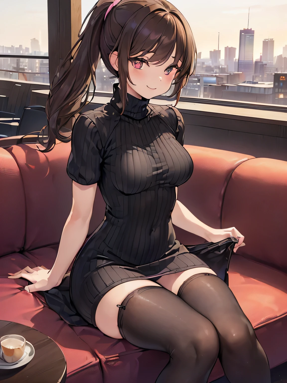 (Masterpiece, top quality, high resolution, realistic photo, realistic looking skin:1.1),
(The woman is sitting on a sofa in a city hotel lounge:1.8),
(She is sitting with her legs closed: 2,0),
(Please give me a panty shot of the woman looking straight ahead:1.8),
(smiling face:1.5),
(She is wearing a black short-sleeved turtleneck knit mini dress:1.8),
(The dress is quite tight and shows her curves:1.8),
(The dress has a pattern on the breast: 1.2),
(She is wearing black middle boots: 1.8),
(She is wearing a pair of inseam stockings with a flashy pattern, matching the length of both legs: 1.8)
(Panties are a loud color pattern: 1.2),
(She wears panties tightly: 1.8),
(Legs are small in volume: 1.8),
(Brown hair in a middle ponytail:1.5),
(Small face:1.5),
(D-cup breasts:1.5),
(Location: a bench on a sofa in a lounge of a city hotel:1.5),
1 Japanese girl, solo, full bodied esbian, beautiful eyes, glowing eyes, glowing thighs, NSFW
