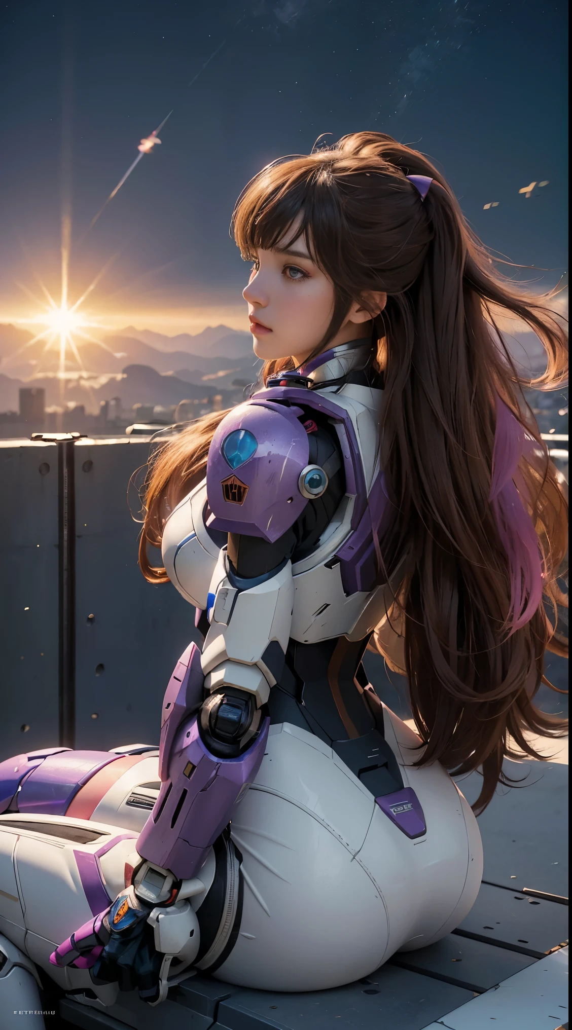 RAW, Masterpiece, Ultra Fine Photo,, Best Quality, Ultra High Resolution, Photorealistic, Sunlight, Full Body Portrait, Stunningly Beautiful,, Dynamic Poses, Delicate Face, Vibrant Eyes, (Side View) a close up of a woman in a pink and white gundam custume, dybamic pose, long brown very very long hair rapunzel, girl in mecha cyber armor, portrait armored astronaut girl, d. va from overwatch, female mecha, on a gundam, gundam head, chiho aoshima color scheme, mobile suit, streamlined purple armor, fully robotic!! girl, realistic cosplay, gundam armor (dynamic pose) (best cameraview), full body