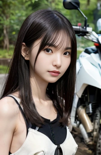 best quality, detailed, beautiful, insanely detailed, absurdres,perfect anatomy,
Japanese woman,black hair,27 years old,
(slender),
(small breasts),
(A large amount of dust smoke from an off-road motorcycle:1.1), (long shot:1.3)