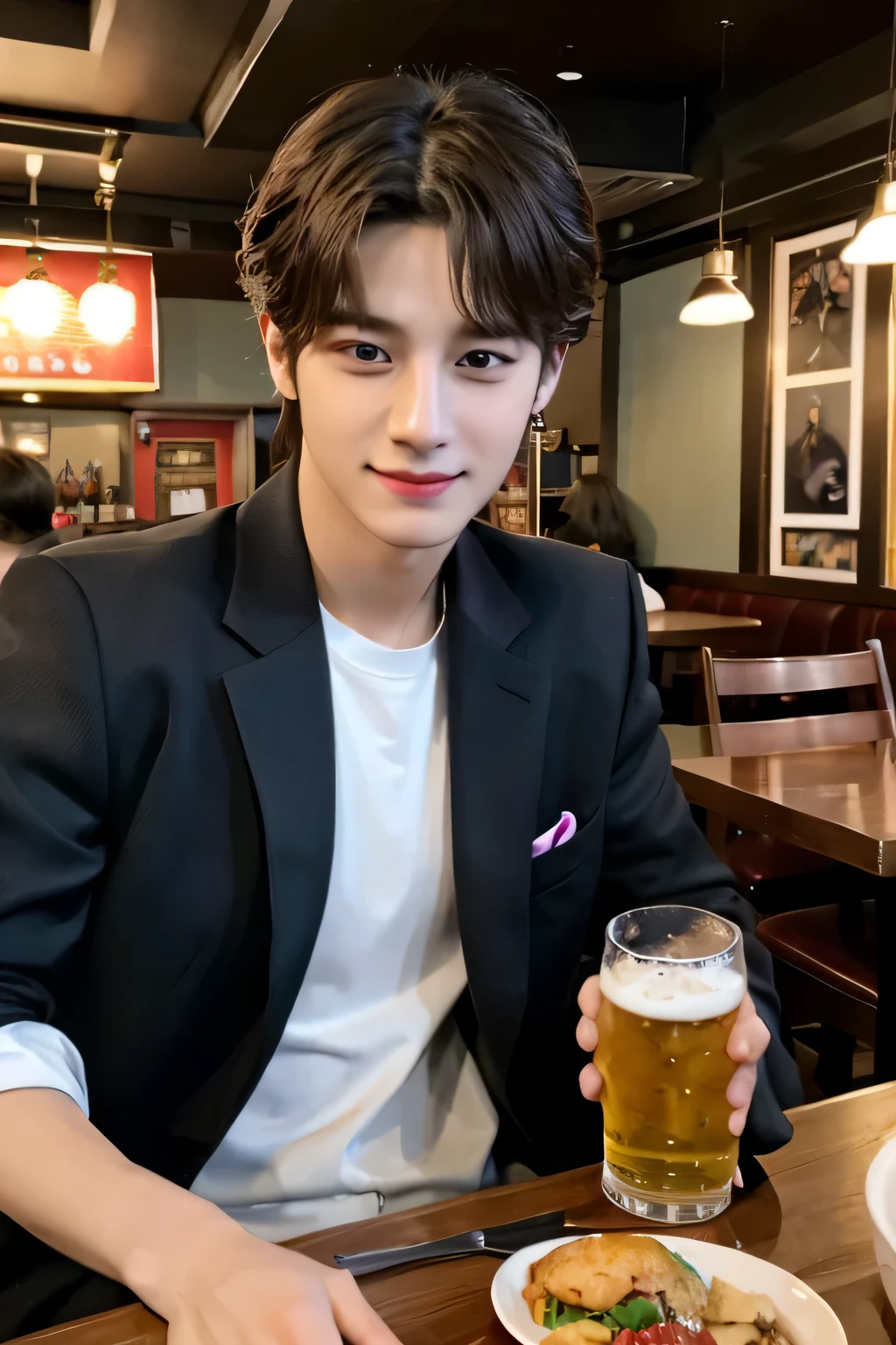 Photorealsitic, 8K full body portrait, a handsome, a 20-year-old man, detailed face、Super handsome、ideal junior、korean boy、Jungkook、medium hair、holding a beer mug in one hand、The background is a restaurant、Date Day、Elbows on the table、meal、Look at me and smile、Street fashion、GUCCI、sexy look