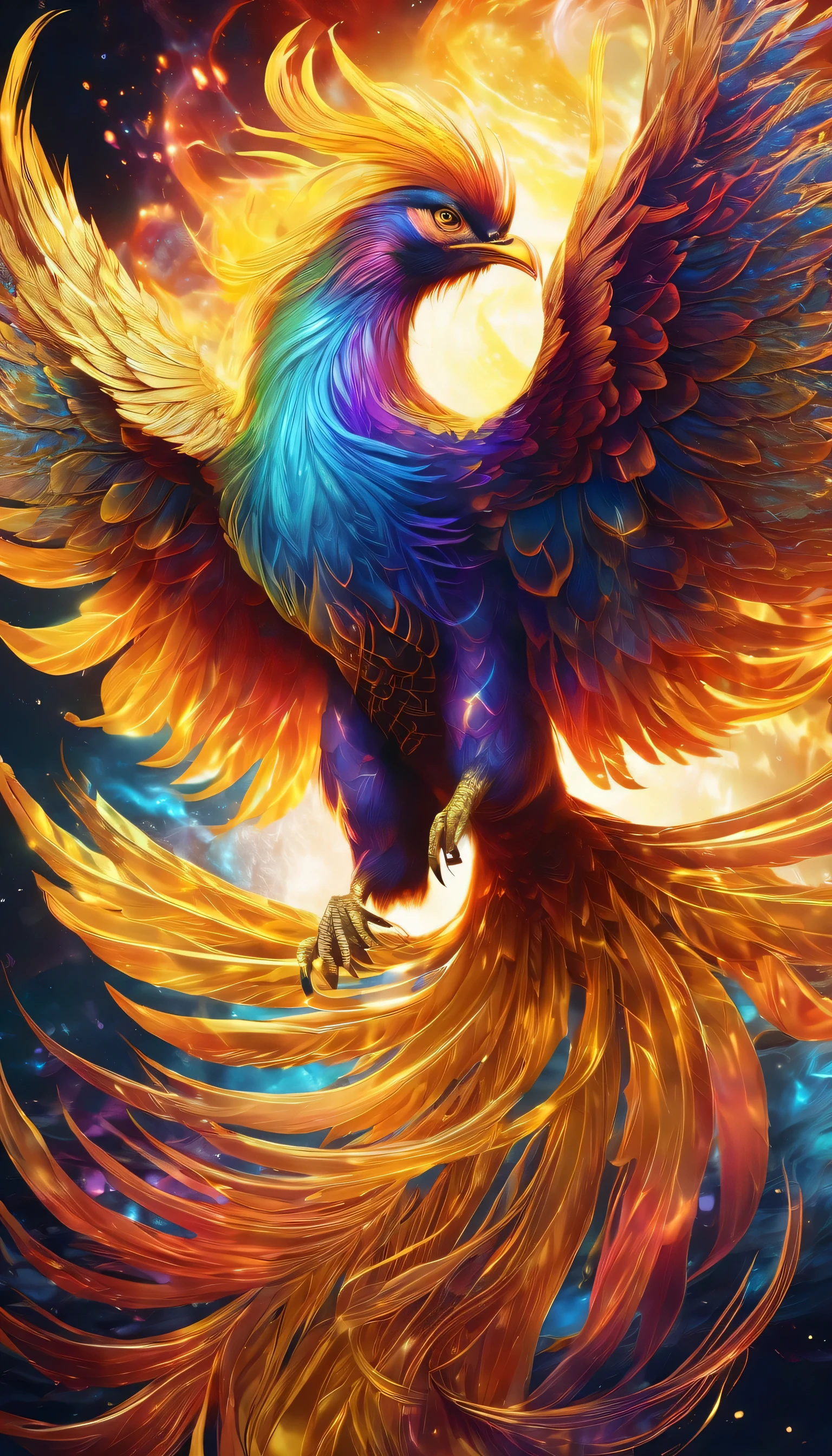 A beautiful realistic phoenix is reborn in a psychedelic firestorm , There are a lot of very visible and textured auras, ((Golden:1.4)), ((front view:1.4))