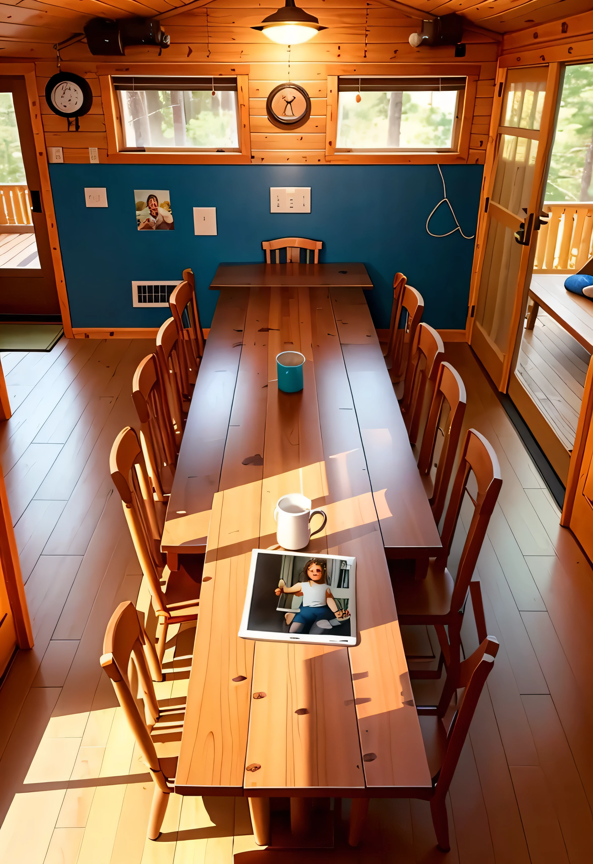 One big table in a cute cabin living room.There are eight chairs around the table. ugly, deformed, noisy, blurry, distorted, out of focus, bad anatomy, extra limbs, poorly drawn face, poorly drawn hands, missing fingers