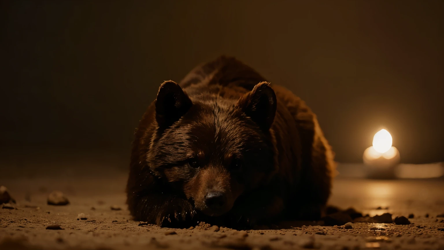 Uma cena sinistra de uma pequena garota de 4 anos meio loira ao lado de um urso, lugar sinistro e escuro, foto real. imagem em full hd 4k