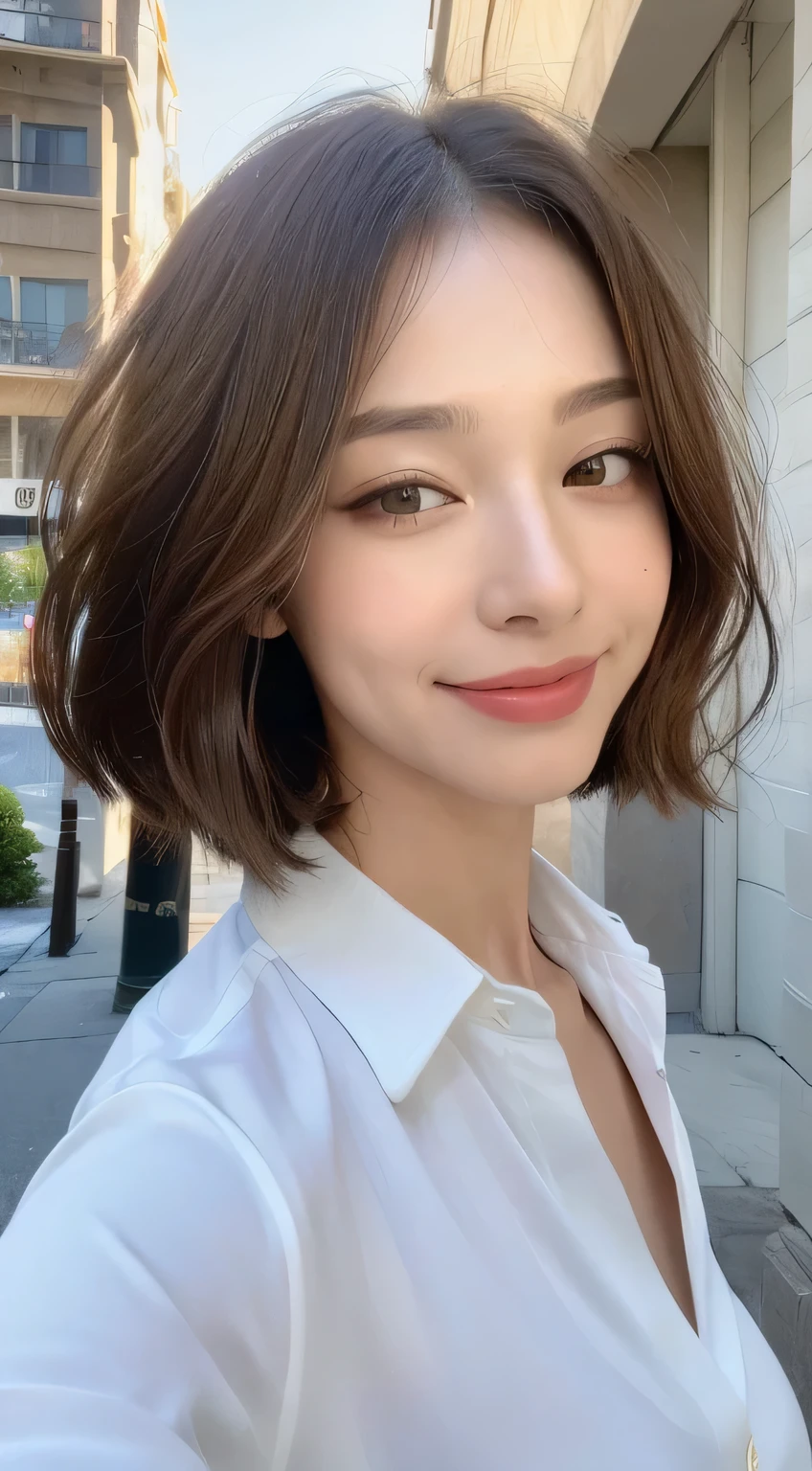 ((highest quality, 8K, masterpiece: 1.3)), sharp focus: 1.2, beautiful woman with perfect style: 1.4, smile, thin abs: 1.2, (dark brown hair, big: 0.9), bob cut, (white button down long shirt: 1.2), street: 1.2, Highly detailed face and skin texture, fine eyes, double eyelid