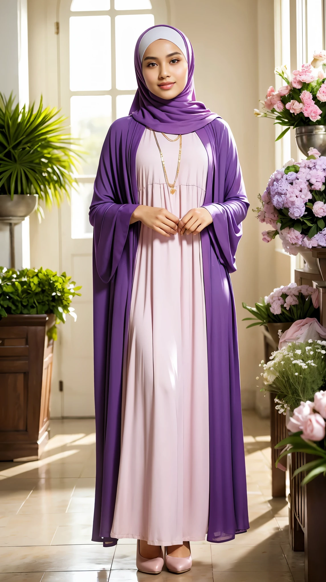 RAW, Best quality, high resolution, (masterpiece: 1.3), full body image, cute Indonesian man in hijab, Masterpiece, average man body, young man face, cute man face, bright skin, fair skin, cute eyes, graceful smile, soft smile, light make up, muslim man in hijab standing in front of florist, feminine gesture, graceful expression, body facing viewer, looking to viewer, wearing full soft purple hijab, shawl, perfect hijab, wearing White abaya dress, pretty dress, wearing lilac cardigan, perfect cardigan, wearing purple heels, wearing pink purse, beautiful in cute pastel shades, beautiful in pastel shades, purse on left shoulder, at noon, Great lighting, great sunlight, Bright colors, Ultra realistic clean lines, very realistic