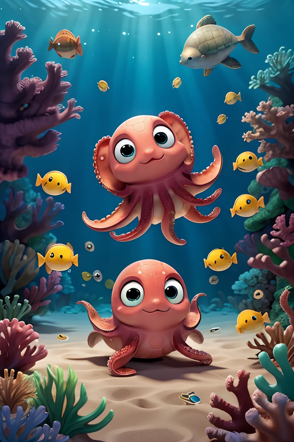 Rich collection of marine life,Cute octopus, turtles and many fish,cartoon