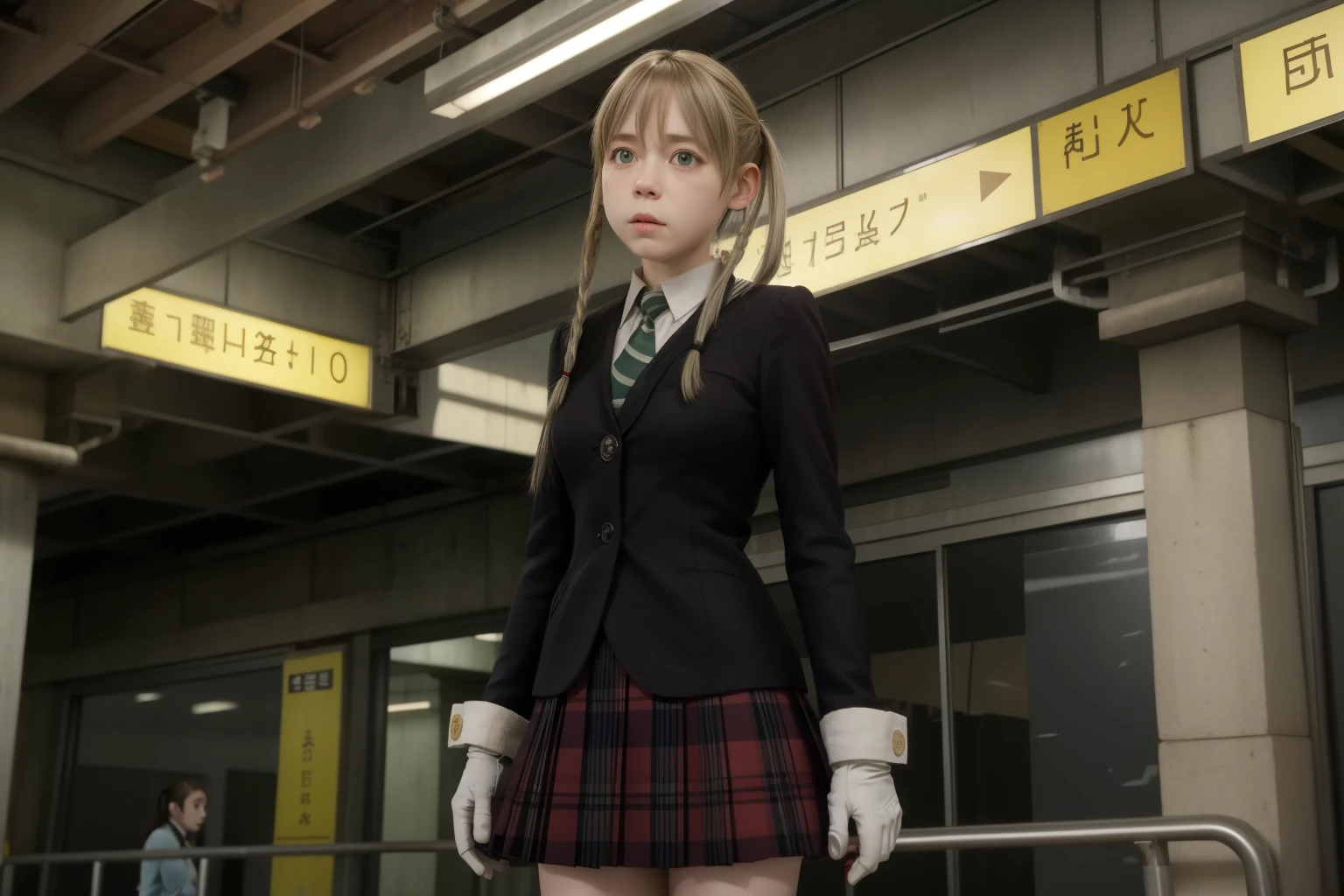 MakaAlbarn, 1girl, solo, twintails, skirt, plaid, plaid skirt, gloves, necktie, realistic, movie screenshot, upper body, train station,  
