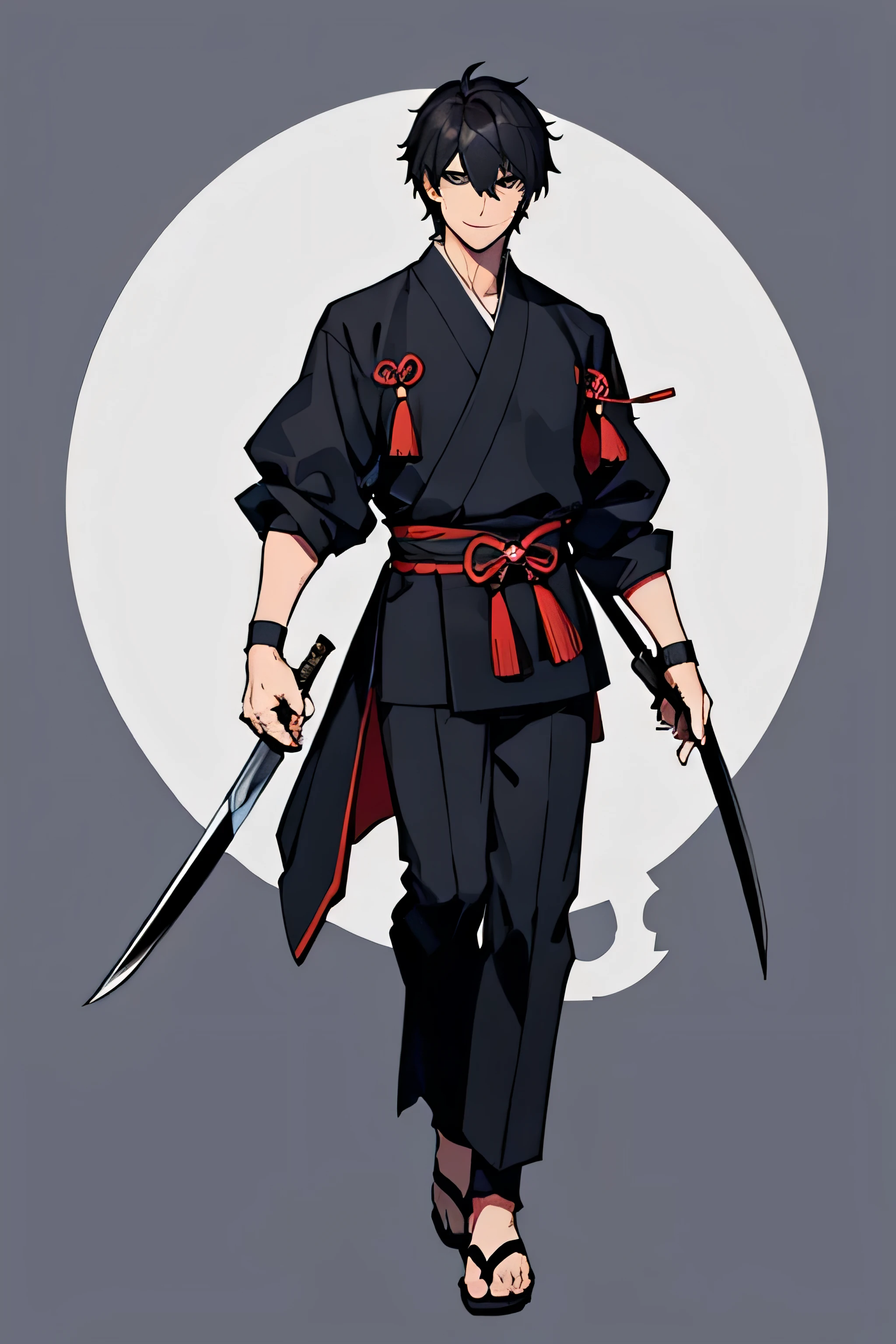 full body、male、samurai、simple background、looking at the viewer、facing forward、Handsome guy、knife、black hair、white background、smile、