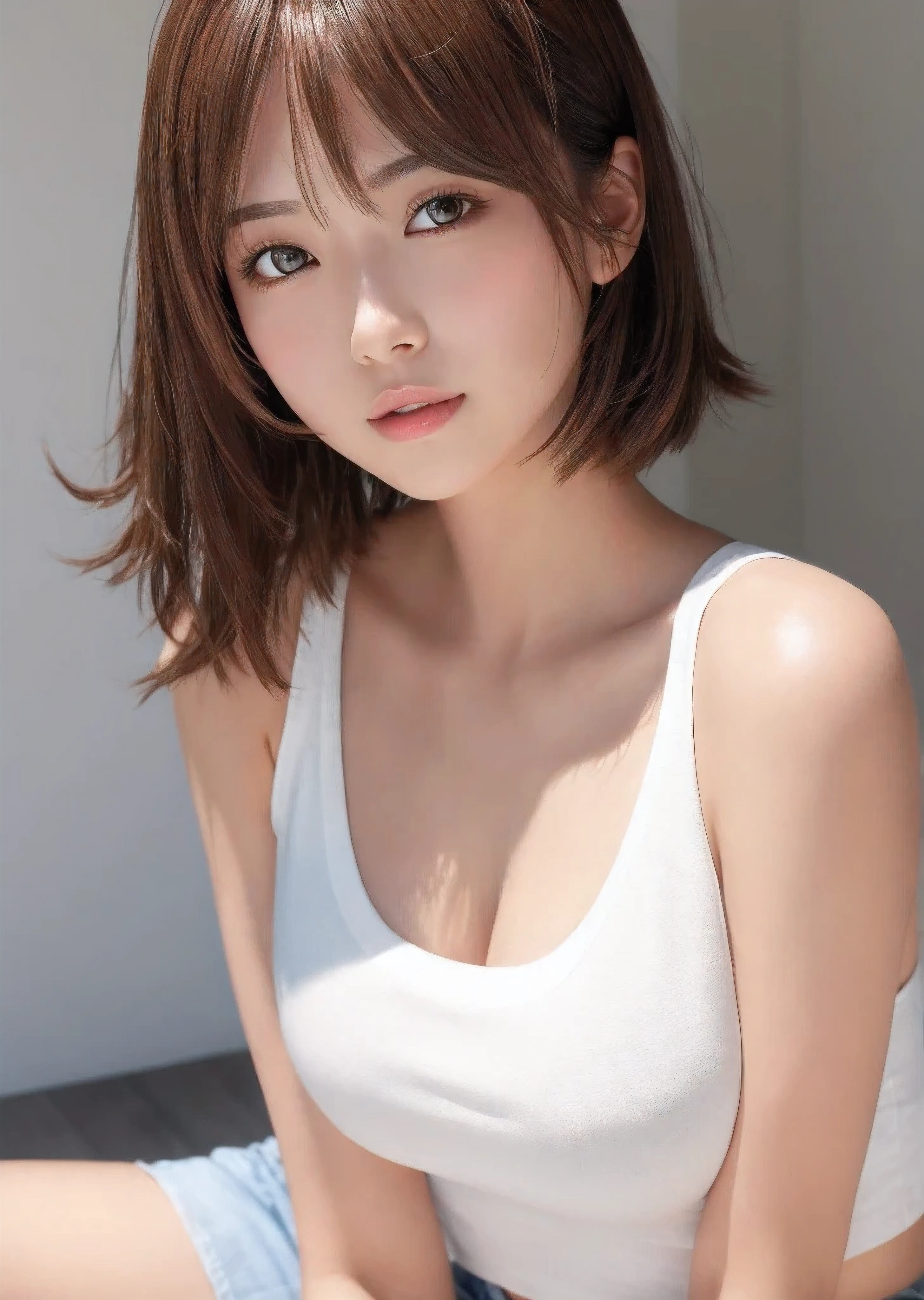 Photoreal、Masseter muscle part、highest quality、High resolution、Raw photo、realistic、bright lighting、face light、smooth professional lighting、japanese women、Beautiful woman、modeled、gravure、sexy、super beautiful、realistic and beautiful skin、beautiful and detailed eyes、detailed face、slim、medium big breasts、short hair、brunette colored hair、brown eyes、looking at camera、white tank top、shorts、pose for a photo、thighs、cute、healthy、sexy