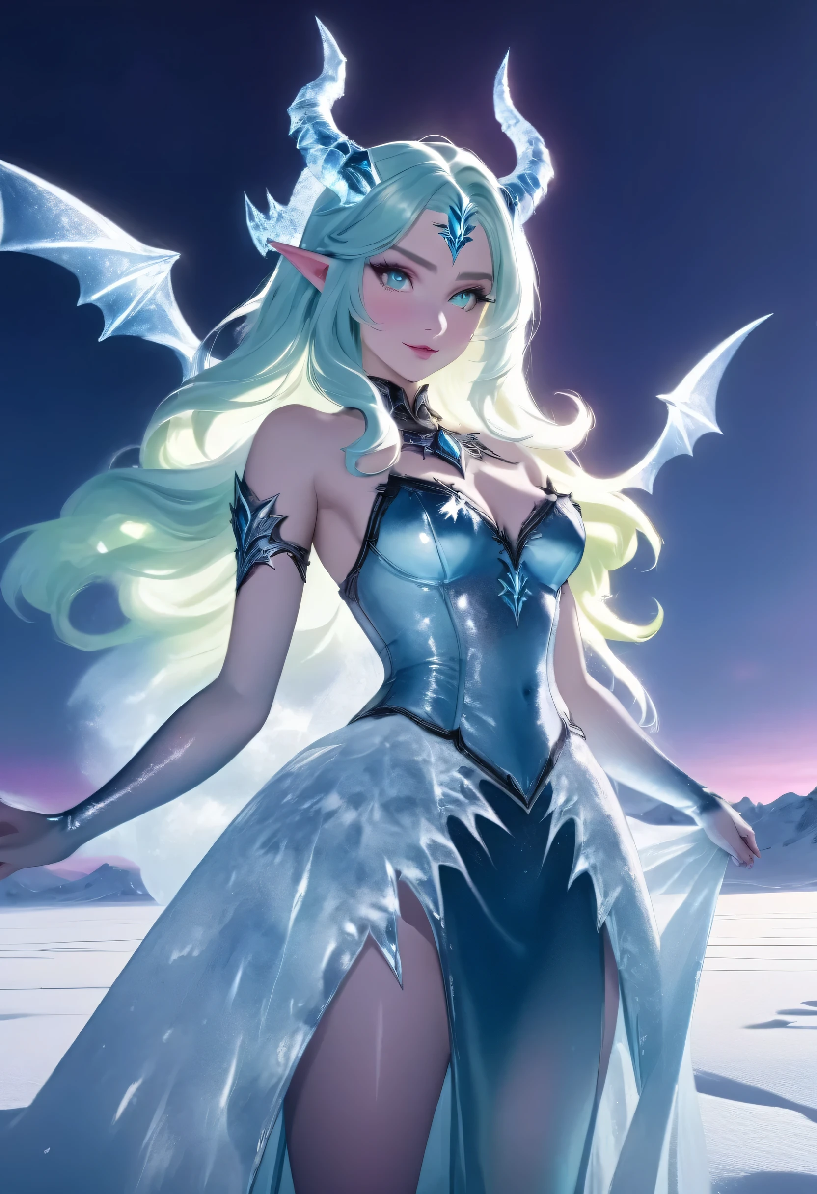 (8k, highest quality, masterpiece: 1.2), (realistic, realistic: 1.37), Super detailed, an ice female demon、Standing in the frozen snow field、Witch wearing pale armor, ((sexy costume:1)), SEXY female devil, ((aurora in the night sky)),