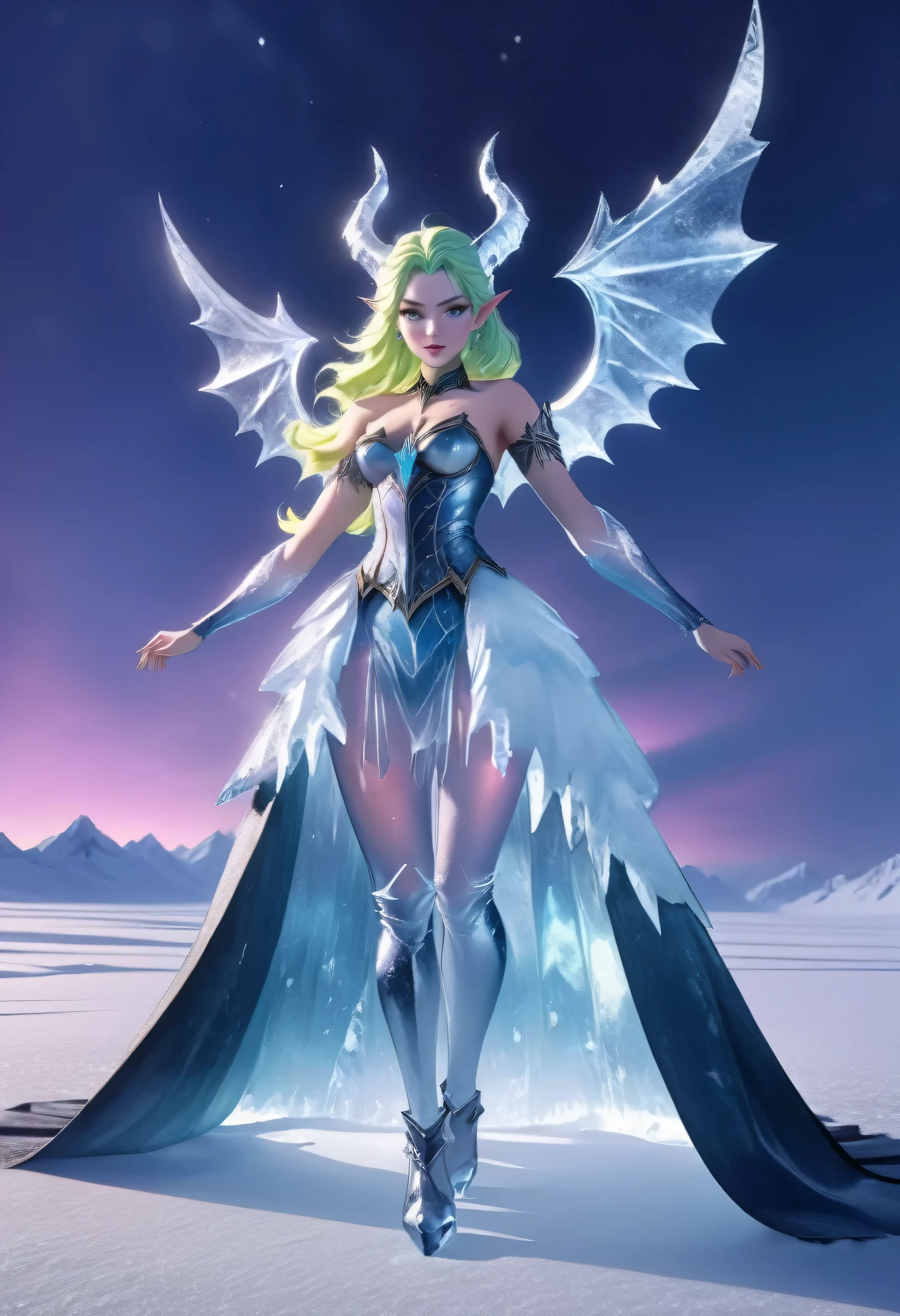 (8k, highest quality, masterpiece: 1.2), (realistic, realistic: 1.37), Super detailed, an ice female demon、Standing in the frozen snow field、Witch wearing pale armor, ((sexy costume:1)), SEXY female devil, ((aurora in the night sky)),