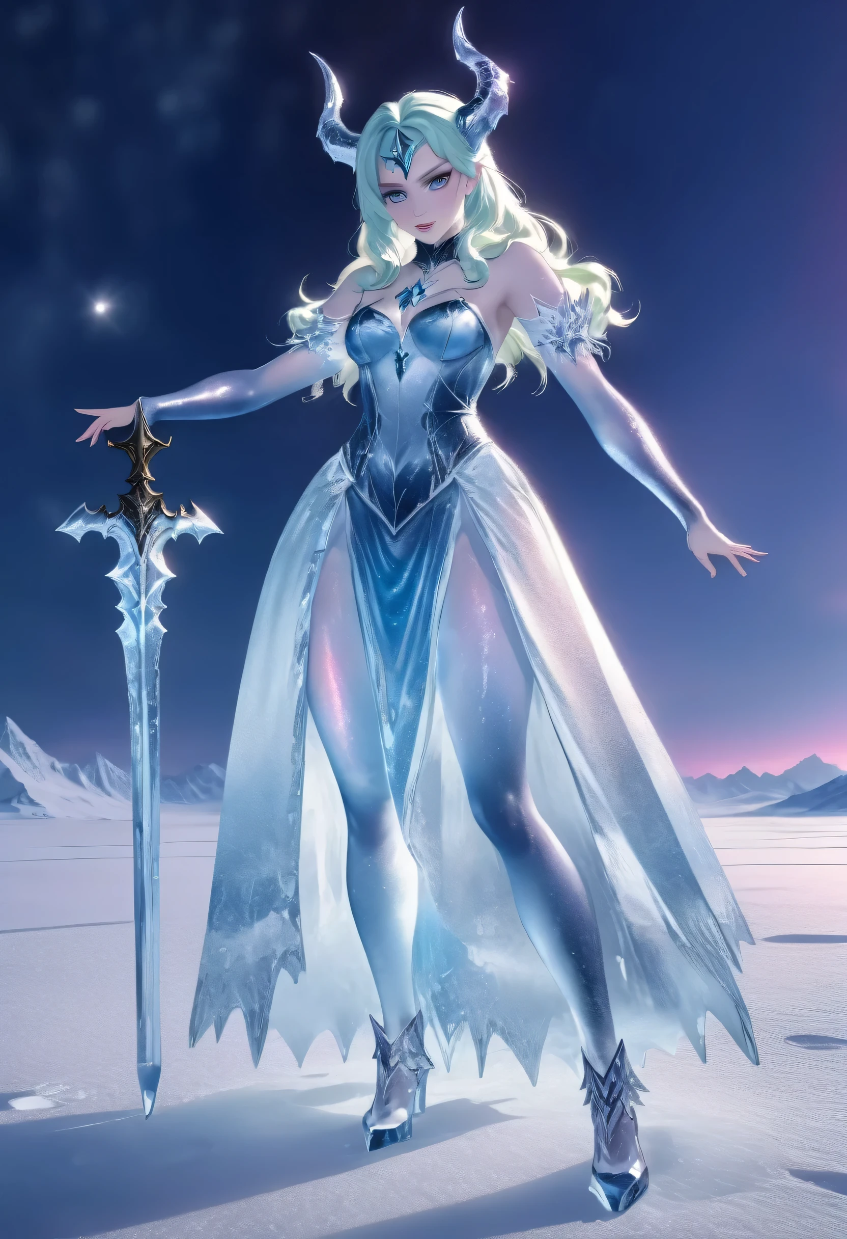 (8k, highest quality, masterpiece: 1.2), (realistic, realistic: 1.37), Super detailed, an ice female demon、Standing in the frozen snow field、Witch wearing pale armor, ((sexy costume:1)), SEXY female devil, ((aurora in the night sky)), 