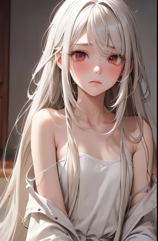 ((highest quality)), (masterpiece), nude, gray hair, long straight hair, Undressing, cute, high school student, tears, blush, red eyes, slanted eyes, eyelashes, soft hair, sexual behavior, (SEX), sex, Creampie, insert, sperm, droop, spread your legs, perfect description, white hair, sleep, Tired, , Sweat, Weeping face
