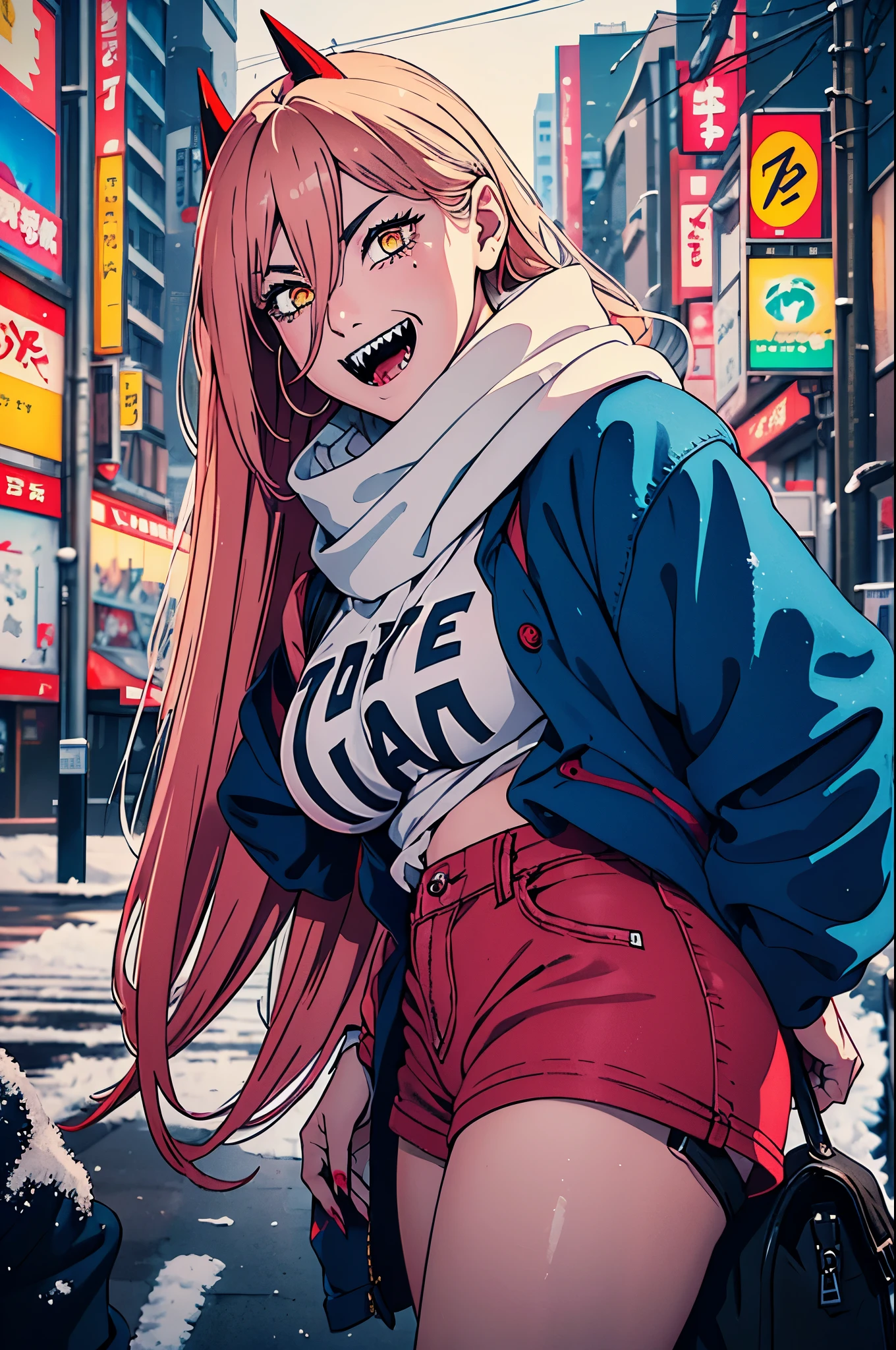 power from chainsawman, yellow vivid eyes, with her iconic two red horns on top her head, fangs, sharp teeth, wearing white sweatshirt, pink neck scarf, denim shorts, winter setting, street, tokyo, snowing, heavy snow, outdoor, standing, god rays, sparkle, excited pose, smiling, excited, busy street