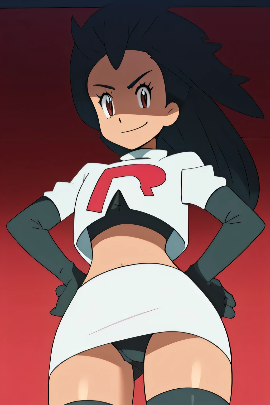 8k, masterpiece,highres, team rocket uniform, red letter r, white skirt,white crop top,black thigh-high boots, black elbow gloves, evil smile, looking down at viewer, hands on hips, cowboy shot, from below, black panties